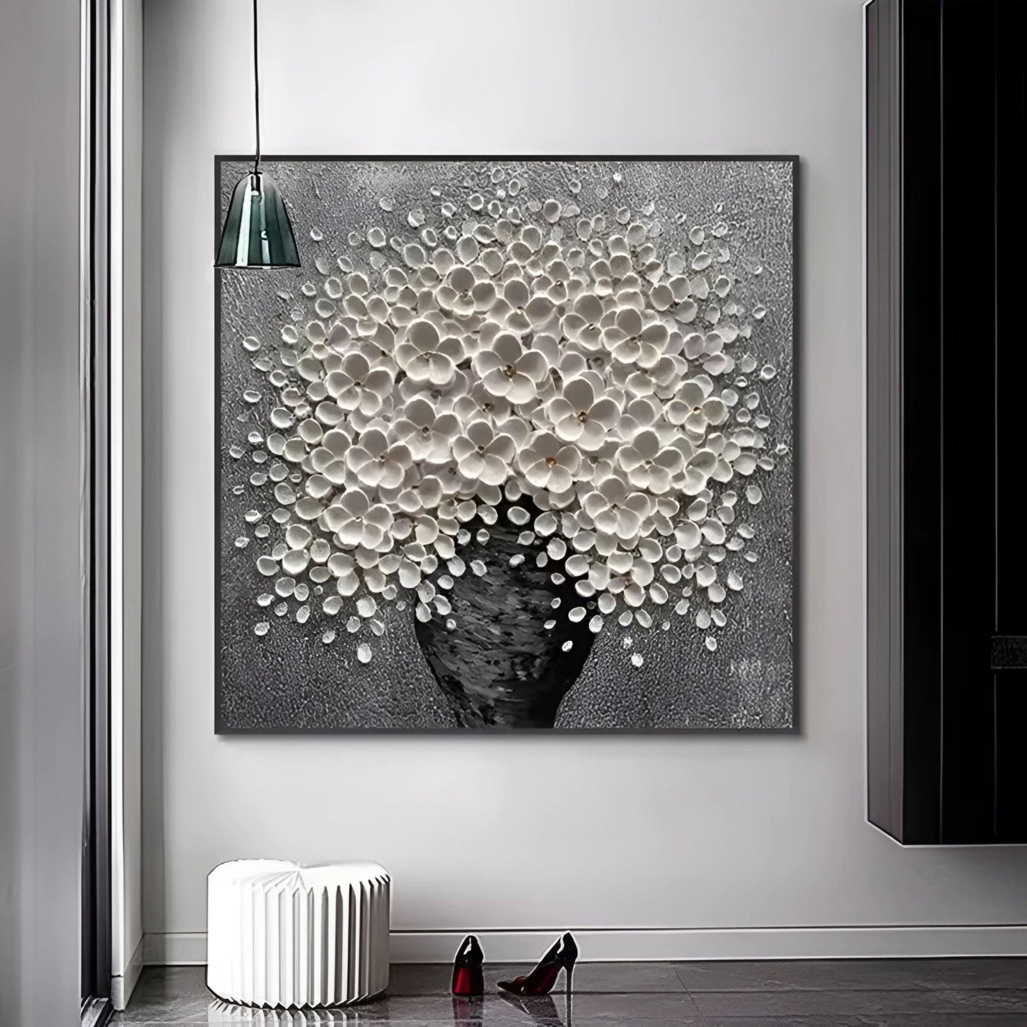 Monochrome textured flower painting in vase, crafted in oil, perfect for spa lounges or quiet nooks.