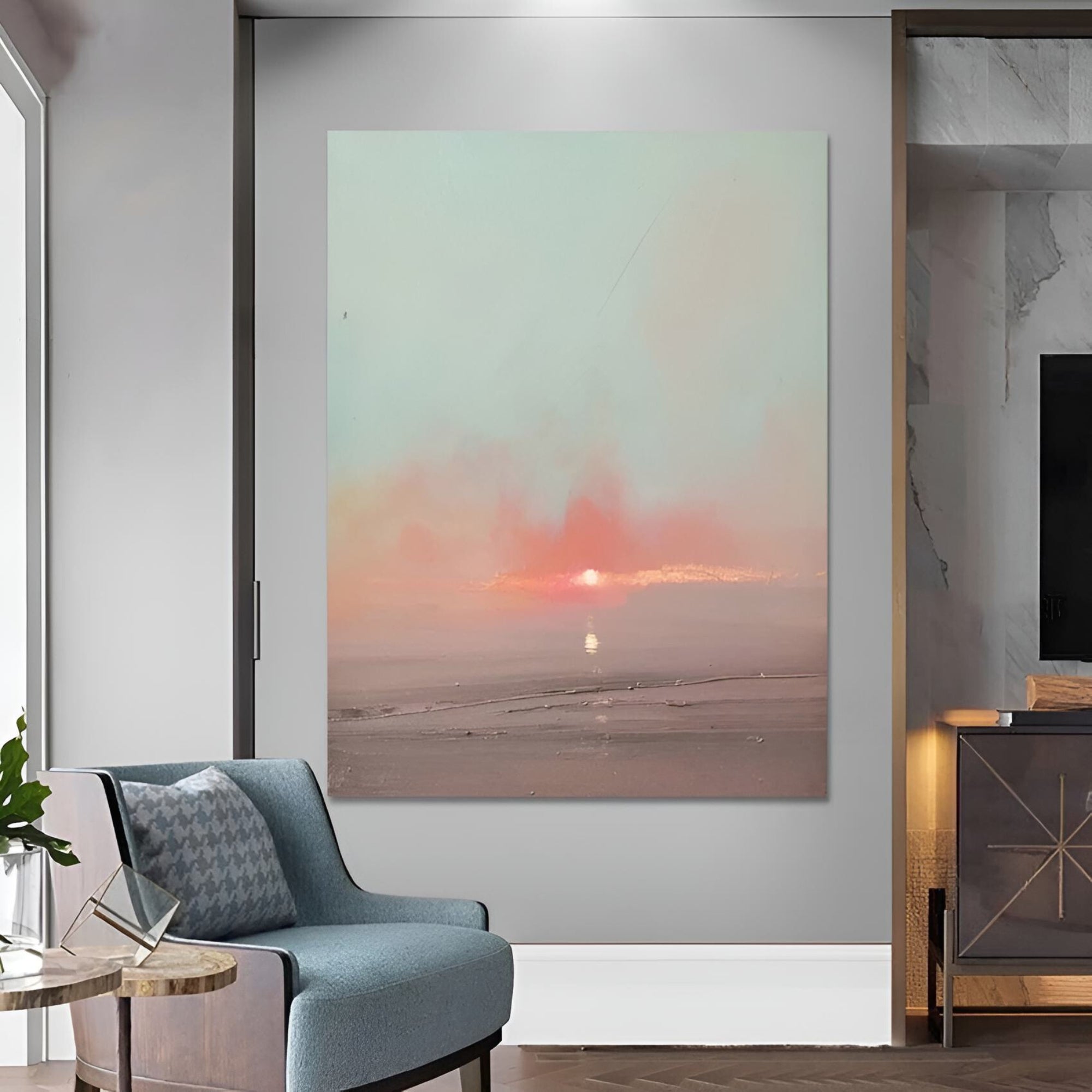 Soft abstract handmade oil painting of sunrise on the horizon, ideal for serene office spaces or modern living rooms.