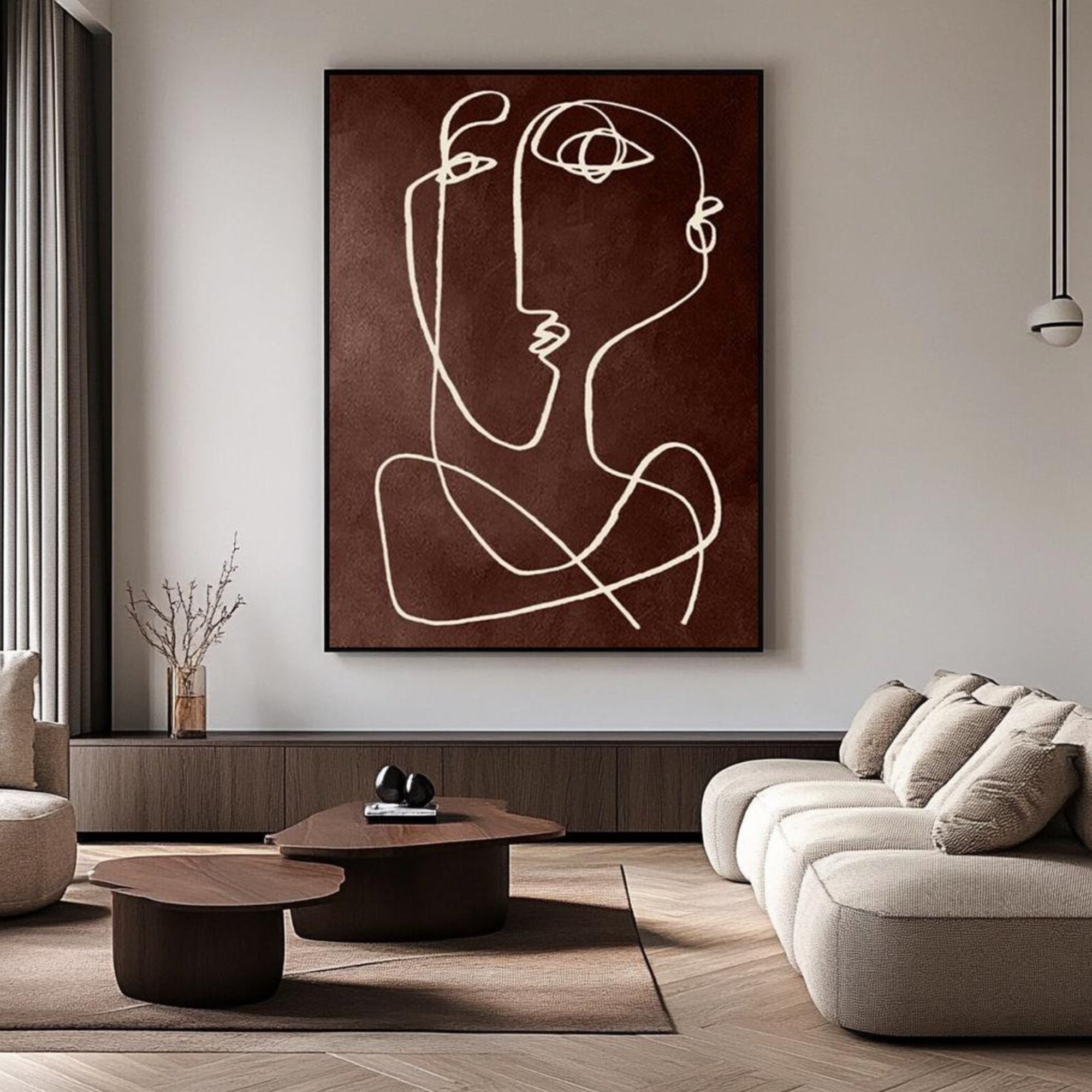 Hand-painted abstract face line art in brown tones, ideal for cozy reading nooks or minimalist living rooms