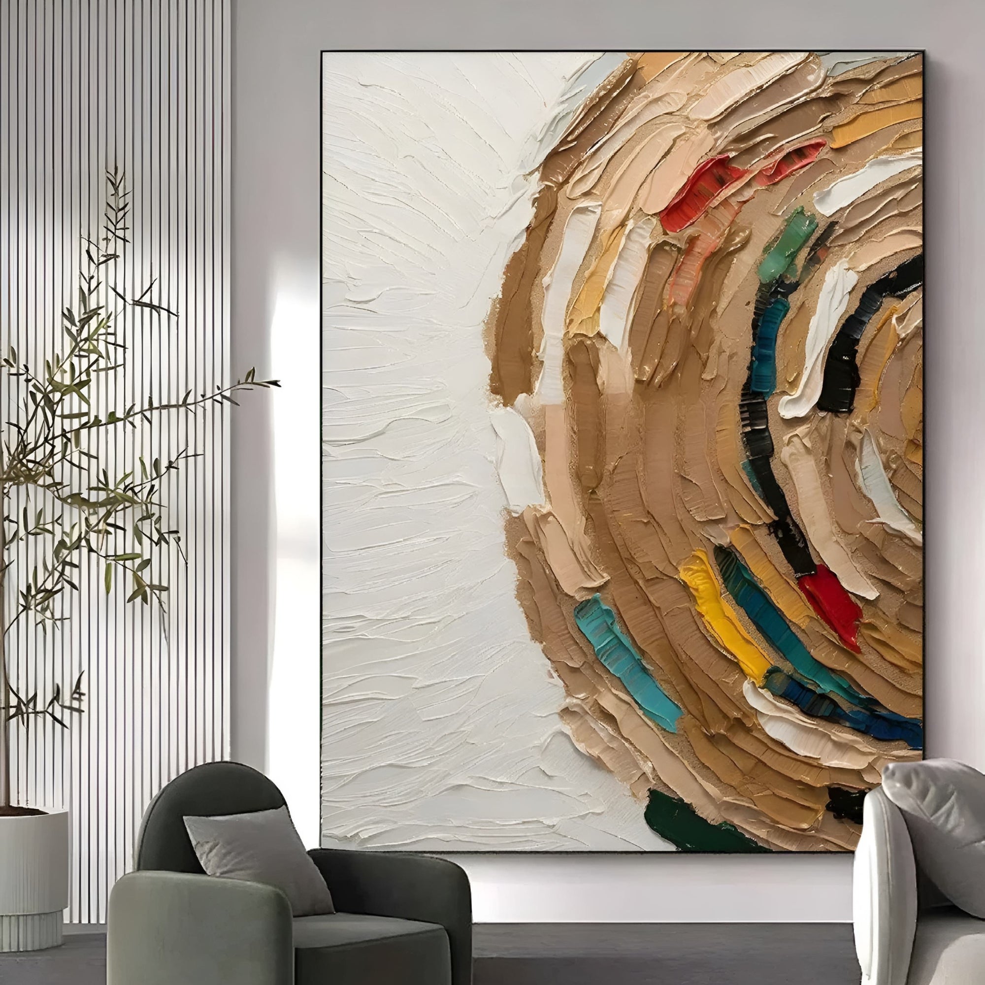 Abstract, richly textured painting with bold brushstrokes in natural and vibrant colors, adding energy and depth to a sophisticated, minimalist living space