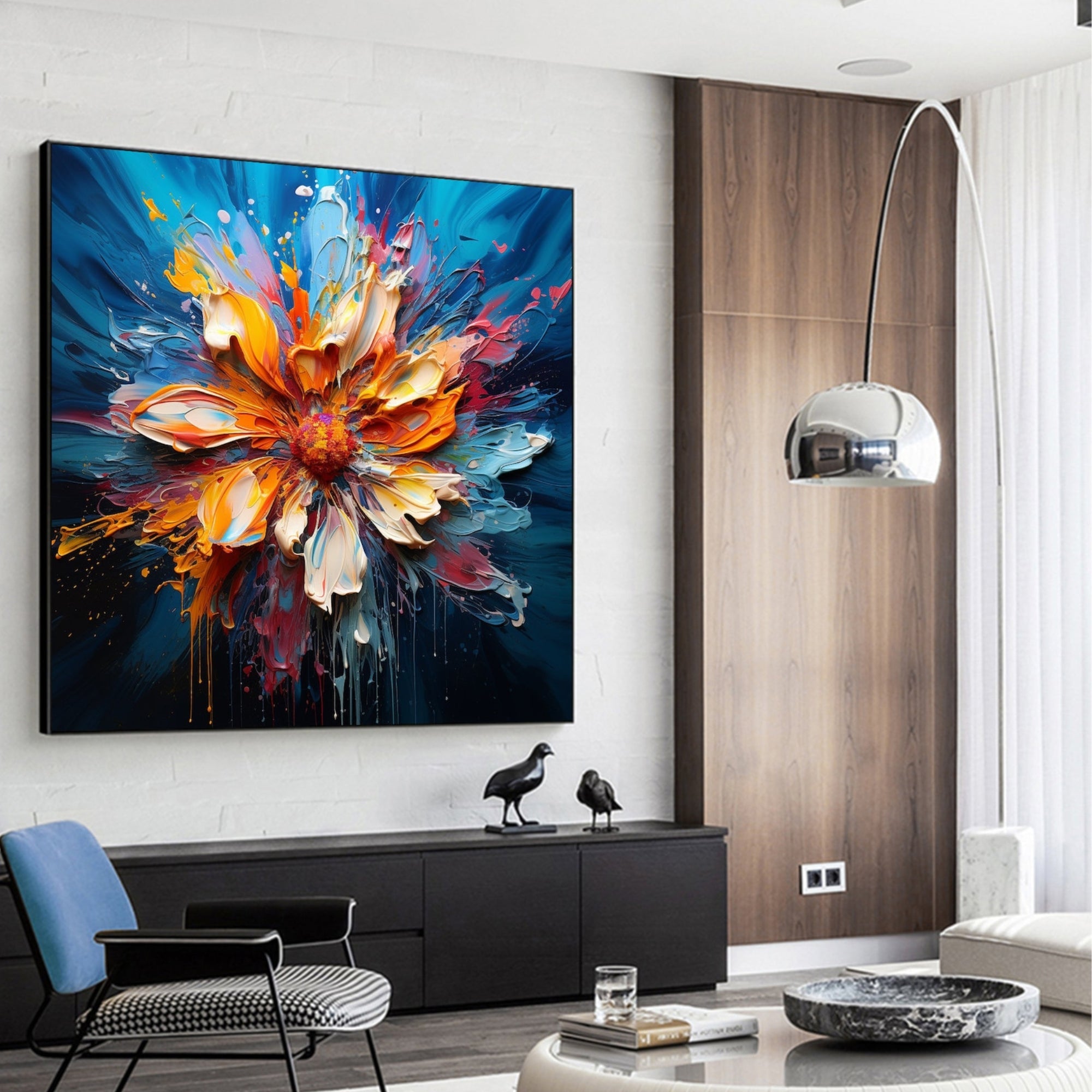 Colorful abstract flower painting bursting with energy, hanging in a sleek modern living room with wood accents.