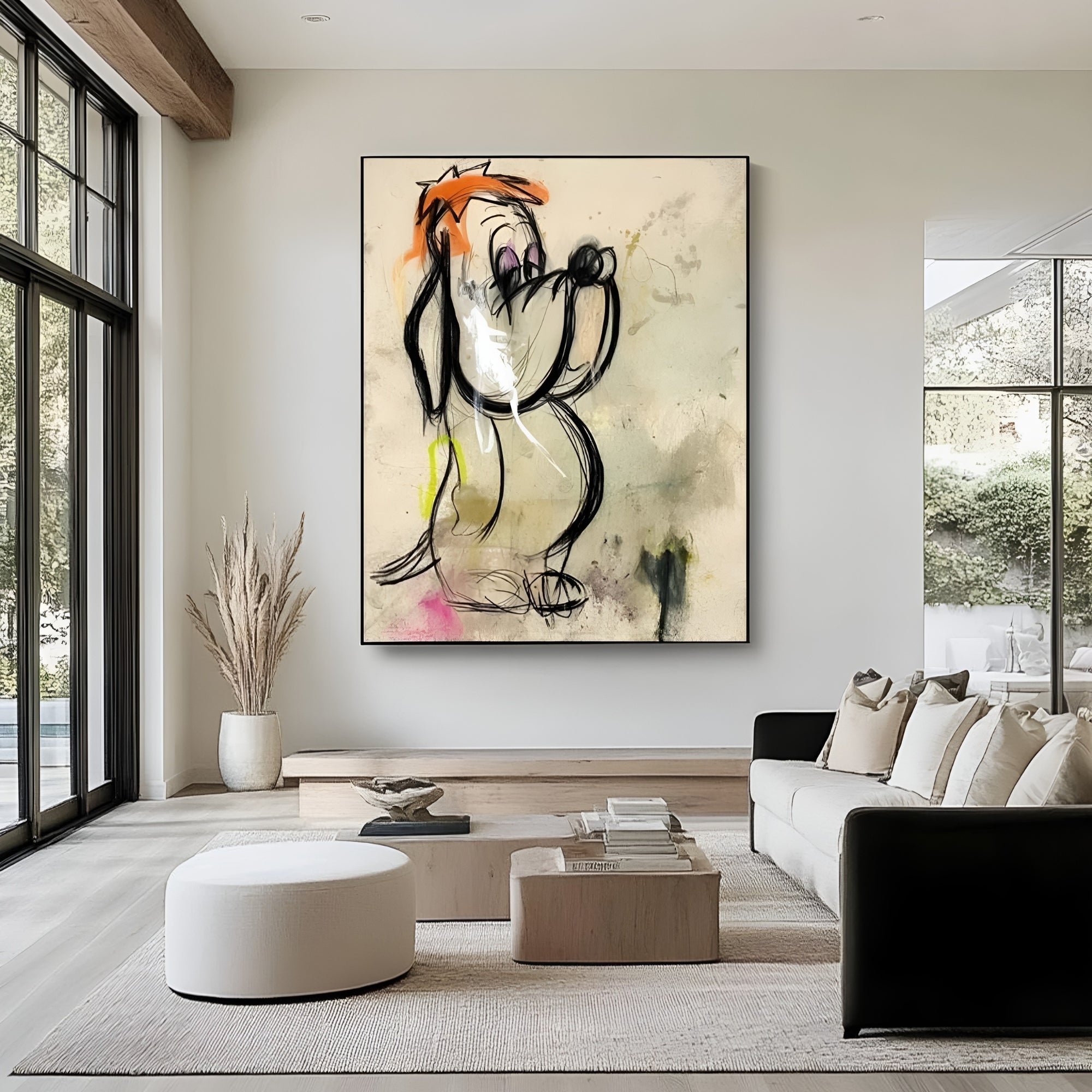 Hand-painted abstract dog artwork with bold black strokes and a vintage-inspired background – modern wall art for contemporary interiors.