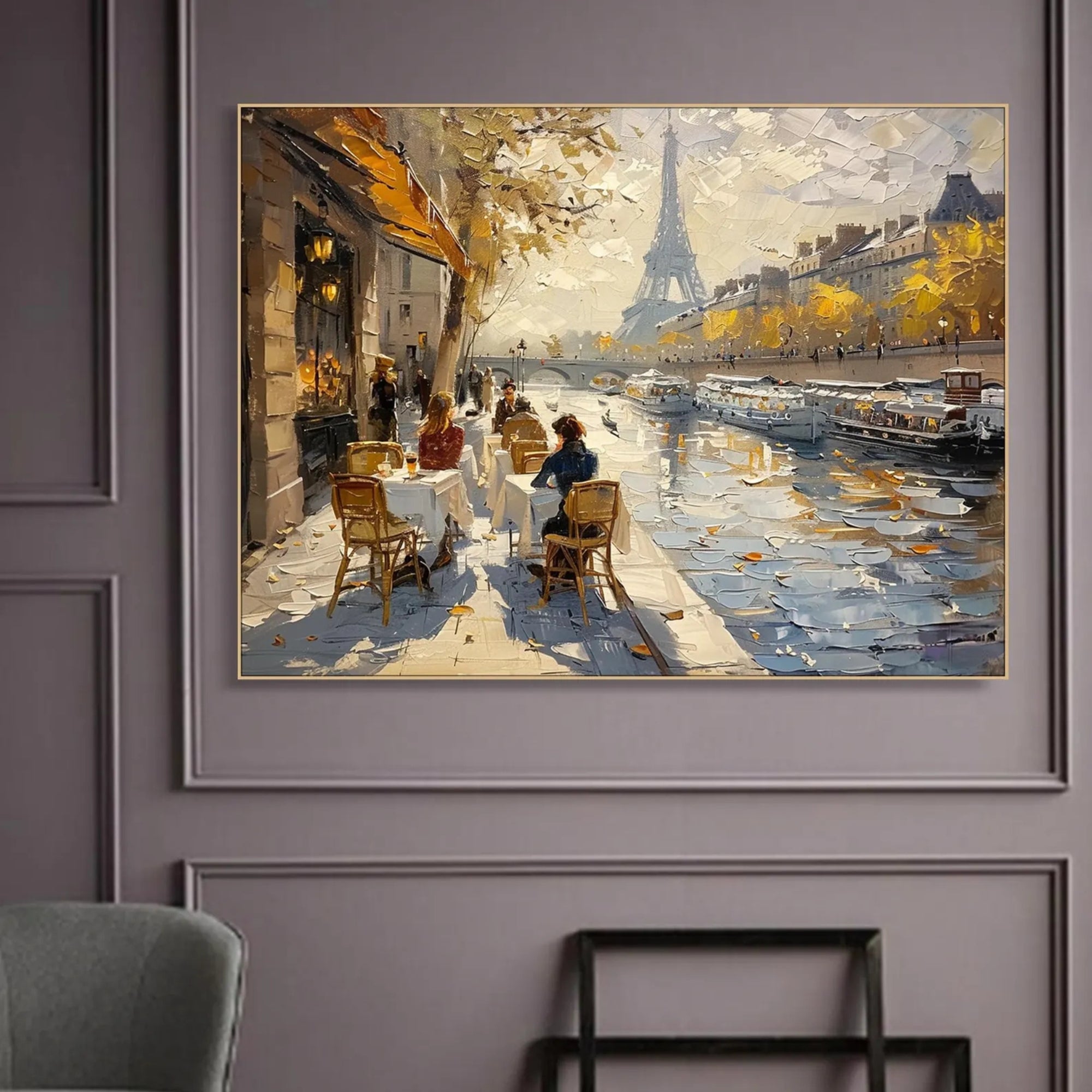 Charming Parisian café scene with Eiffel Tower, rendered in rich impasto style, ideal for adding romantic ambiance to dining rooms, boutique hotels, or French-inspired interiors.