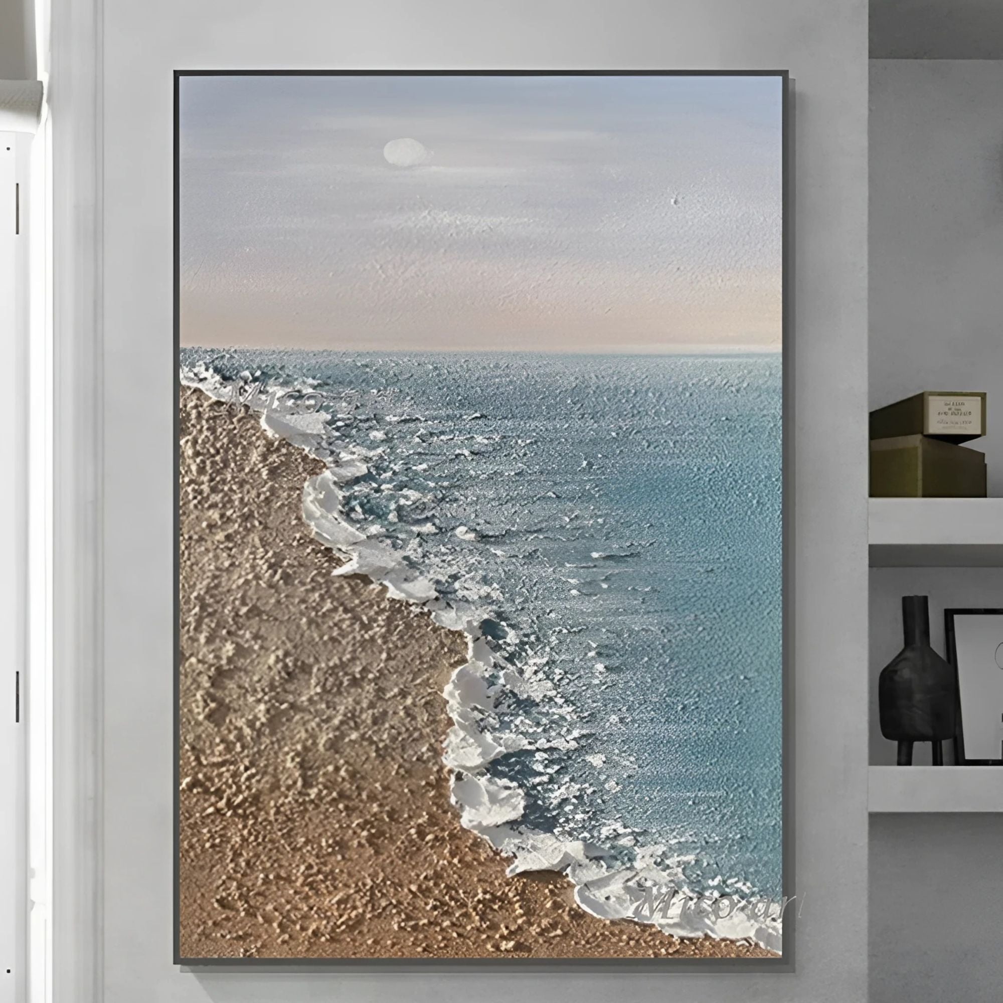 Textured coastal wall art in soft tones, ideal for modern reading nooks or relaxed entryways