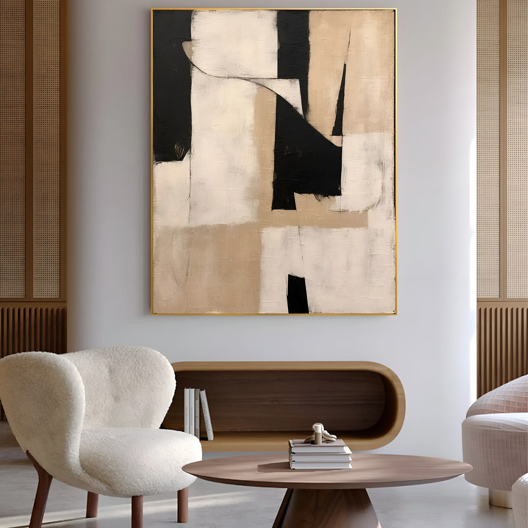 Minimalist abstract painting in neutral tones for modern interiors – A sophisticated black and beige abstract wall art piece, perfect for contemporary and minimalist home decor.