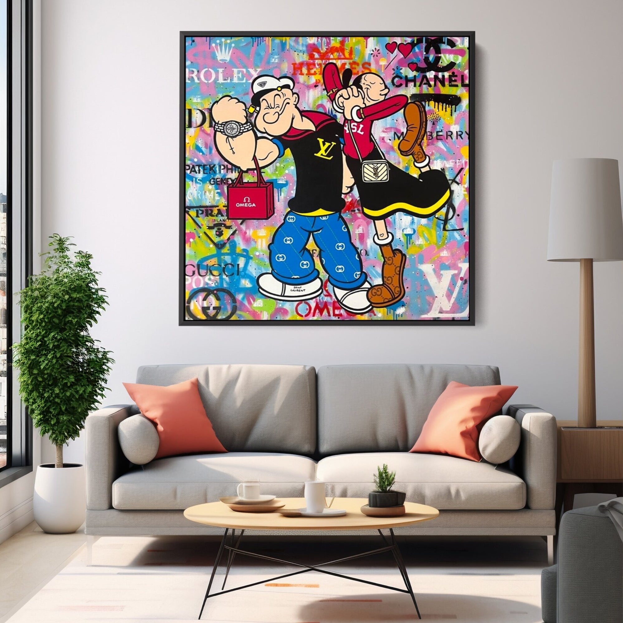 Handmade street art canvas with Popeye and Olive Oyl in luxury fashion, bold colors, and designer-inspired graffiti