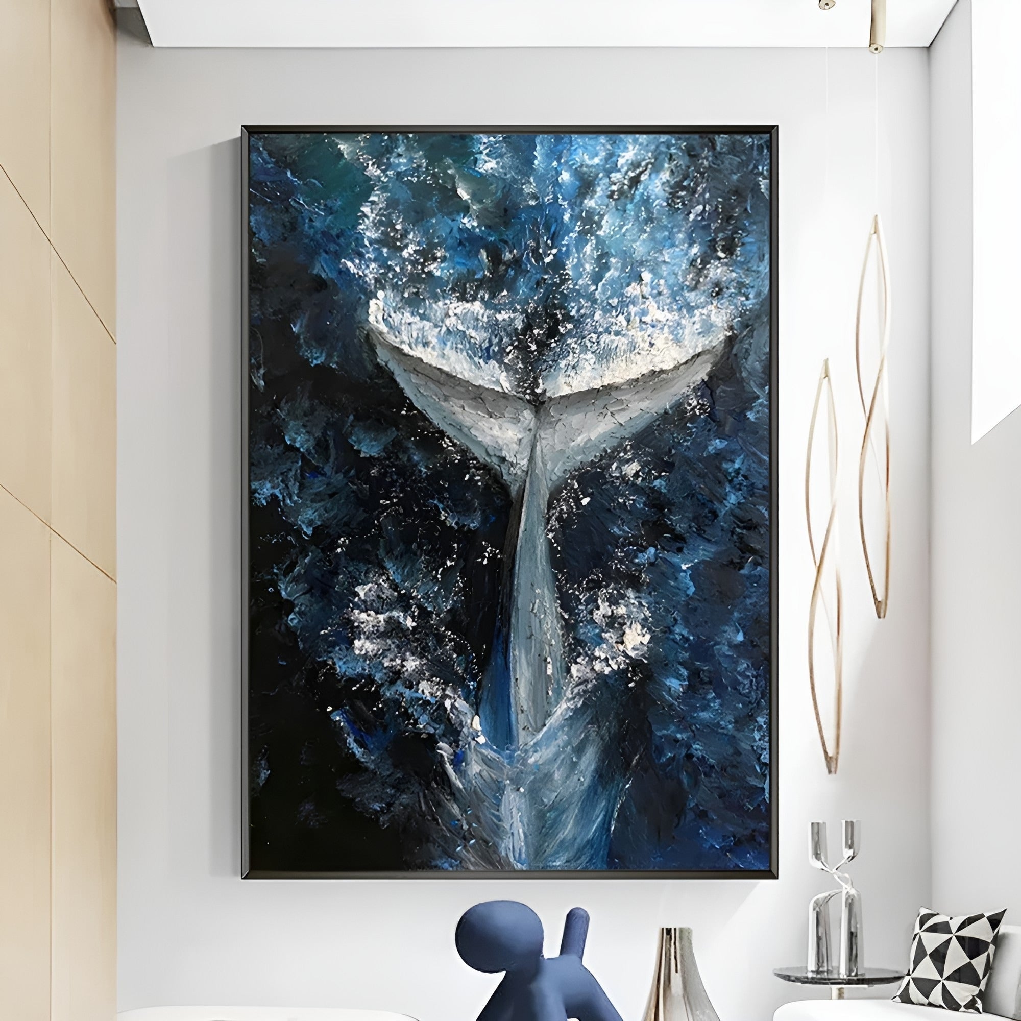 Abstract handmade whale tail painting, ideal marine wall art for contemporary or beach-inspired spaces.