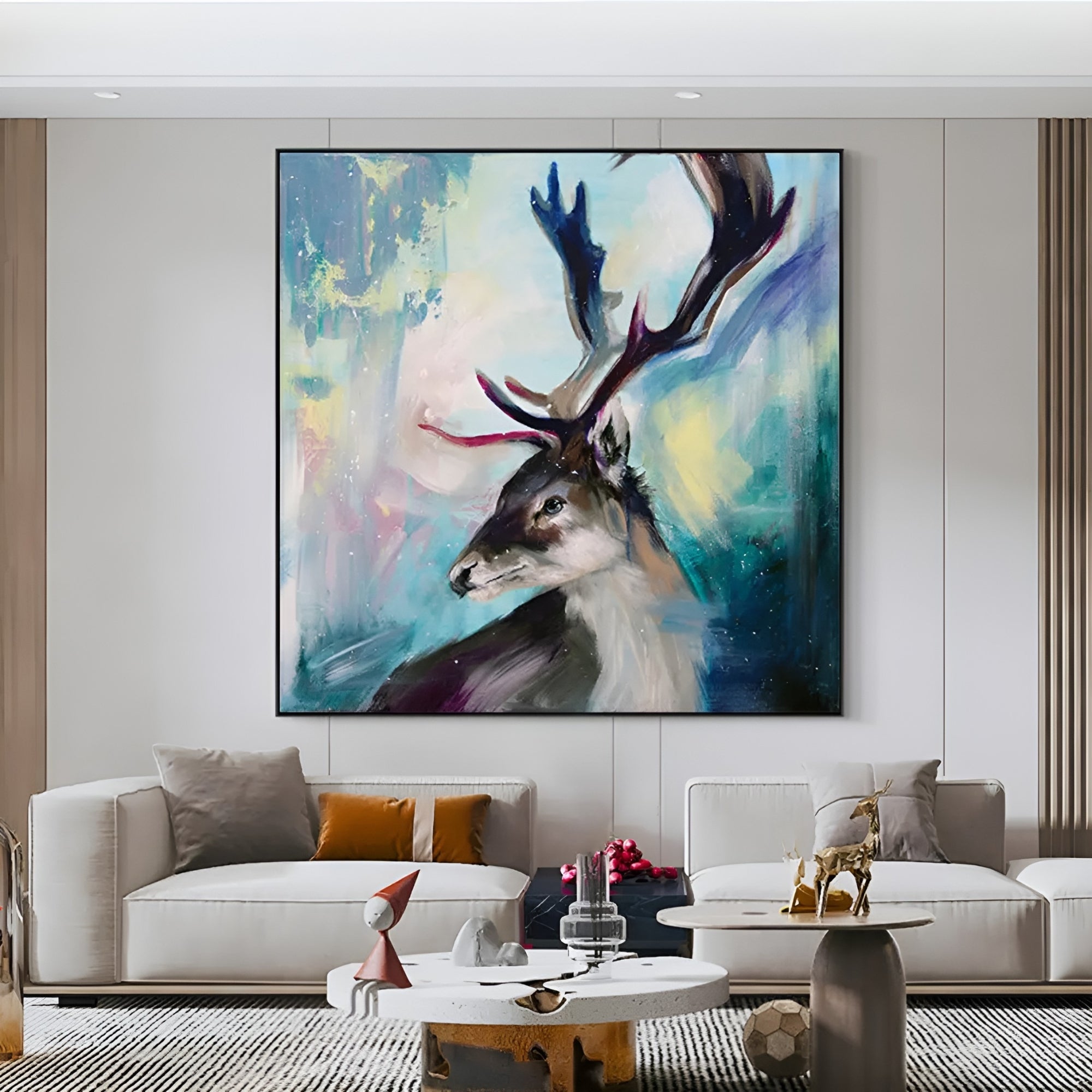 Vibrant handmade reindeer painting adds charm and color to modern living spaces and cozy interiors.