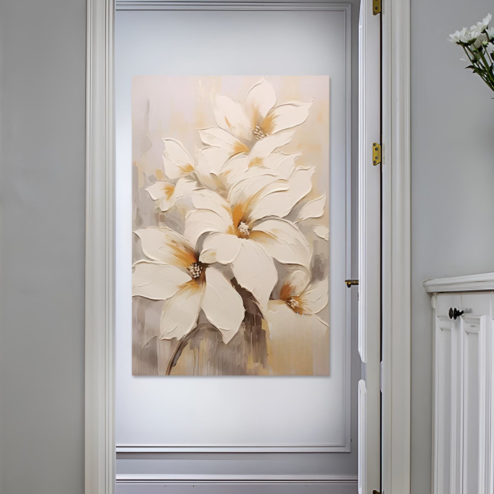 Floral handmade oil painting featuring soft white blooms, perfect for welcoming living rooms, offices, or spa lounges.