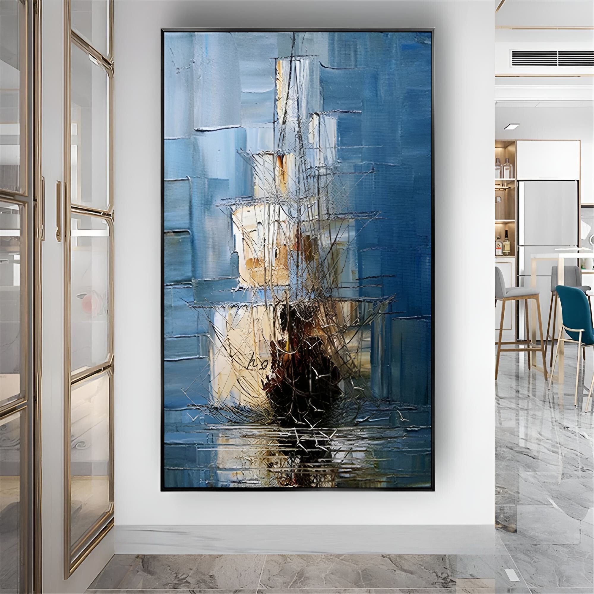 Handmade textured sailboat painting, ideal for a nautical-themed bedroom, hallway, or coastal-inspired living room.