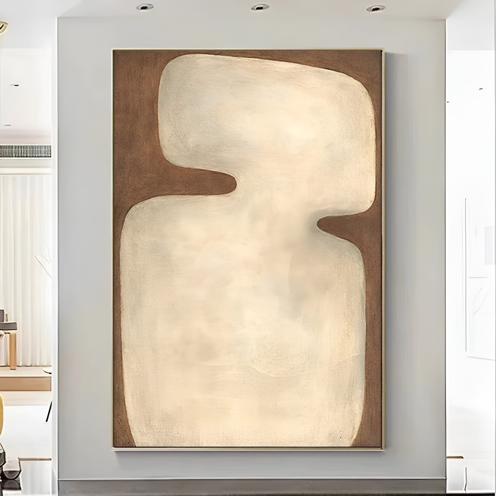 Modern abstract wall art in neutral tones with bold organic shapes. Handmade canvas painting perfect for cozy, contemporary interiors.