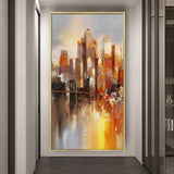 Vibrant New York-inspired painting with architectural silhouettes and dynamic brushwork, perfect for a loft, office, or entryway.