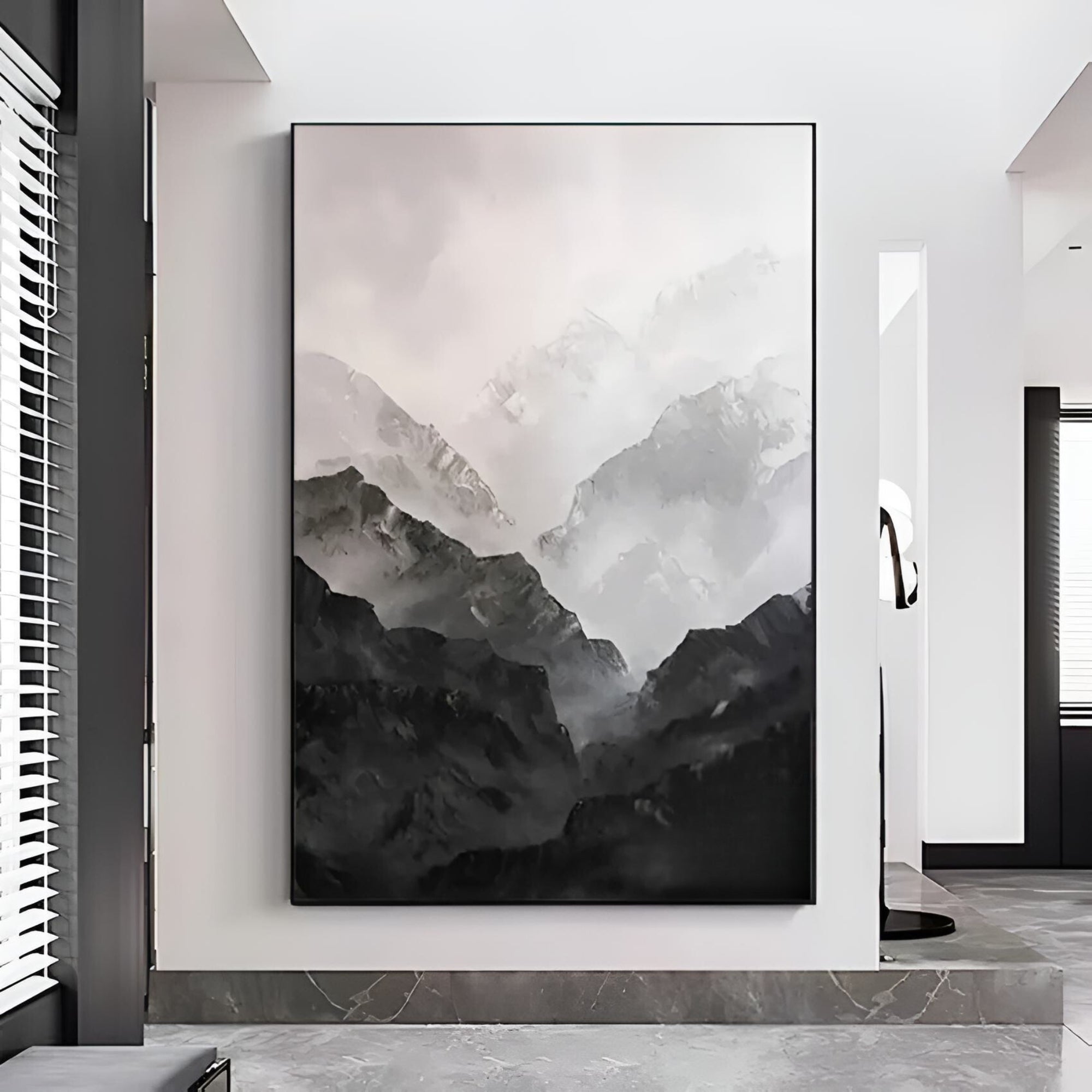 Handmade oil painting of misty mountain peaks, perfect for modern home interiors or serene office spaces.