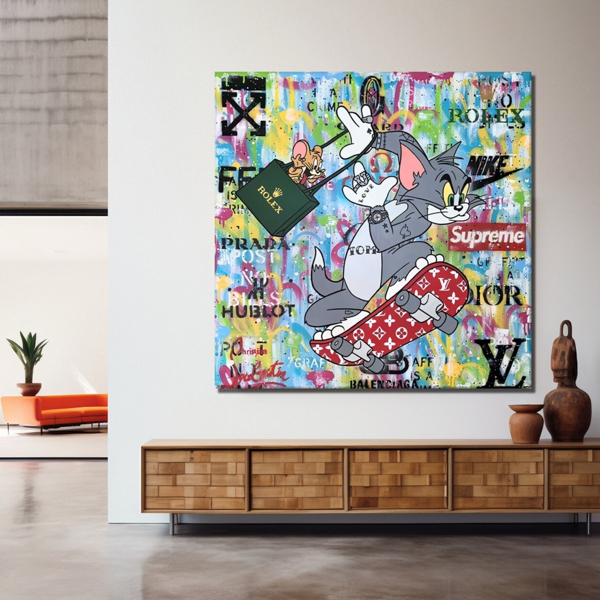 Hand-painted pop art of Tom and Jerry skateboarding with designer fashion and streetwear influences – modern wall decor.