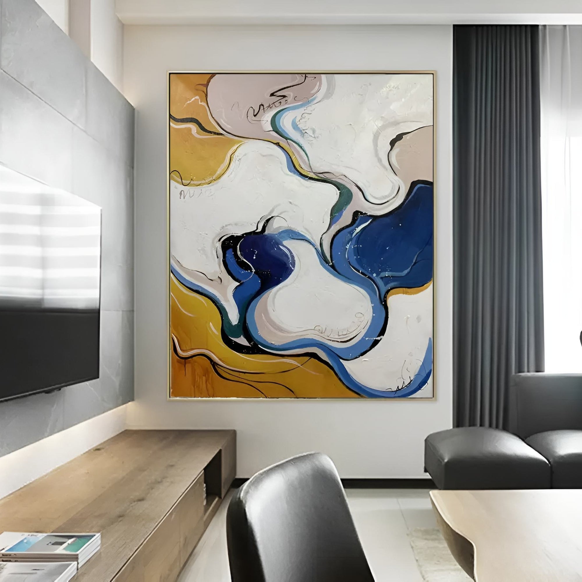 Handmade oil painting with flowing abstract shapes in blue, gold, and white, ideal for modern living rooms or offices.