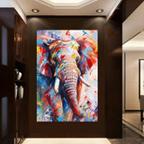 Bold and colorful handmade oil painting of an elephant, ideal for brightening minimalist interiors.