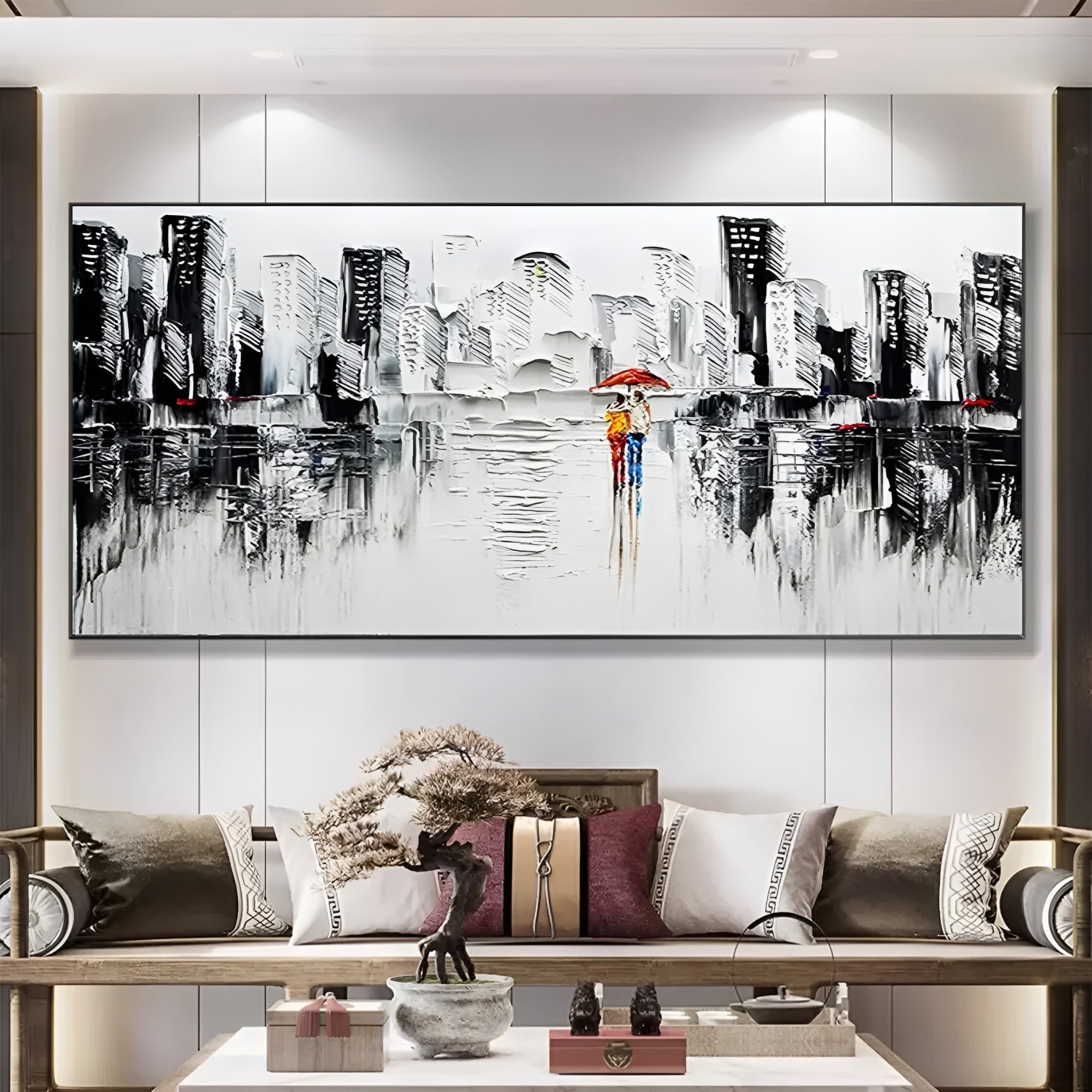 Handmade cityscape painting with couple under red umbrella, perfect for modern living rooms or urban-style lofts.