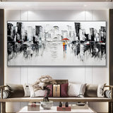 Handmade cityscape painting with couple under red umbrella, perfect for modern living rooms or urban-style lofts.