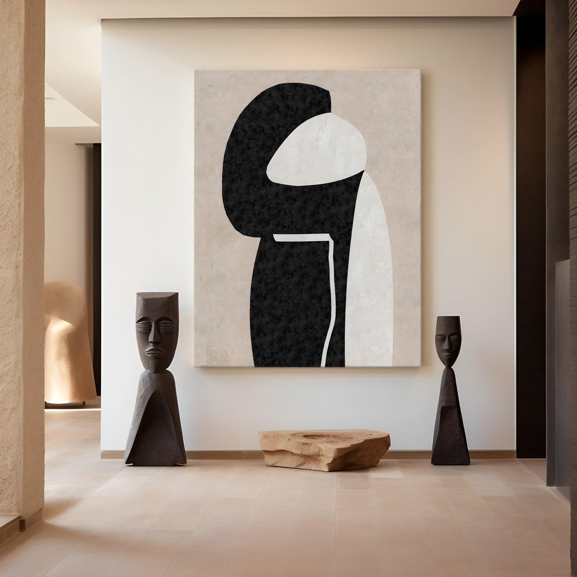 Geometric black and white painting with handmade texture – Unique canvas artwork for stylish living rooms, hotels, and office spaces