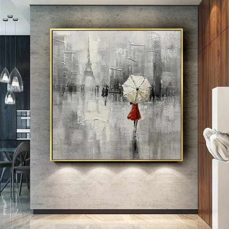 Textured handmade oil painting featuring Paris street scene, perfect for office walls or hotel lounges.