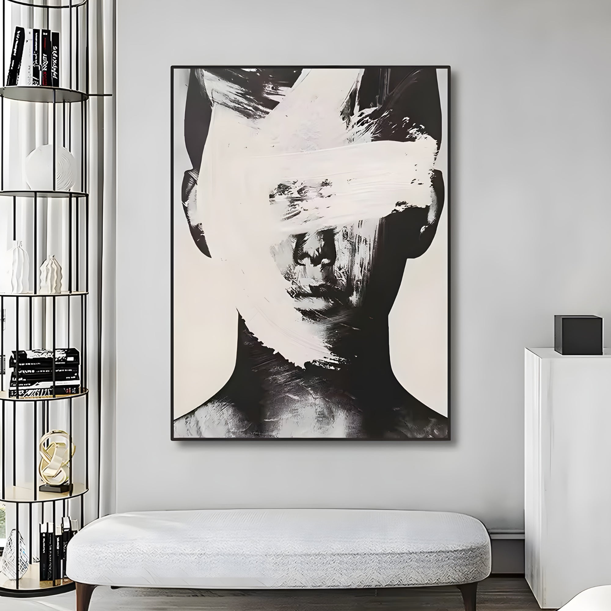 Handmade oil painting of a monochrome face with bold white brush strokes, perfect for modern living rooms or loft spaces.