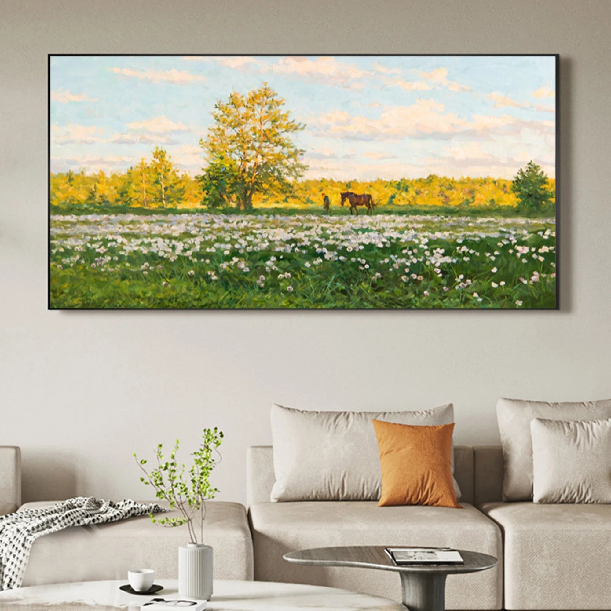 Handmade oil painting of a peaceful meadow with horse and figure under golden trees, ideal for serene interiors.