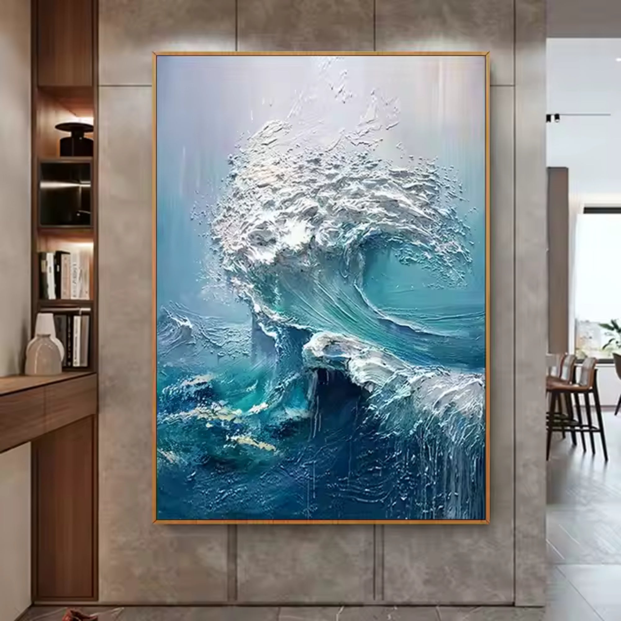 Handmade oil painting of a powerful ocean wave in dynamic motion, captured with textured brushstrokes and cool blue tones, creating a serene and dramatic centerpiece for modern interiors.