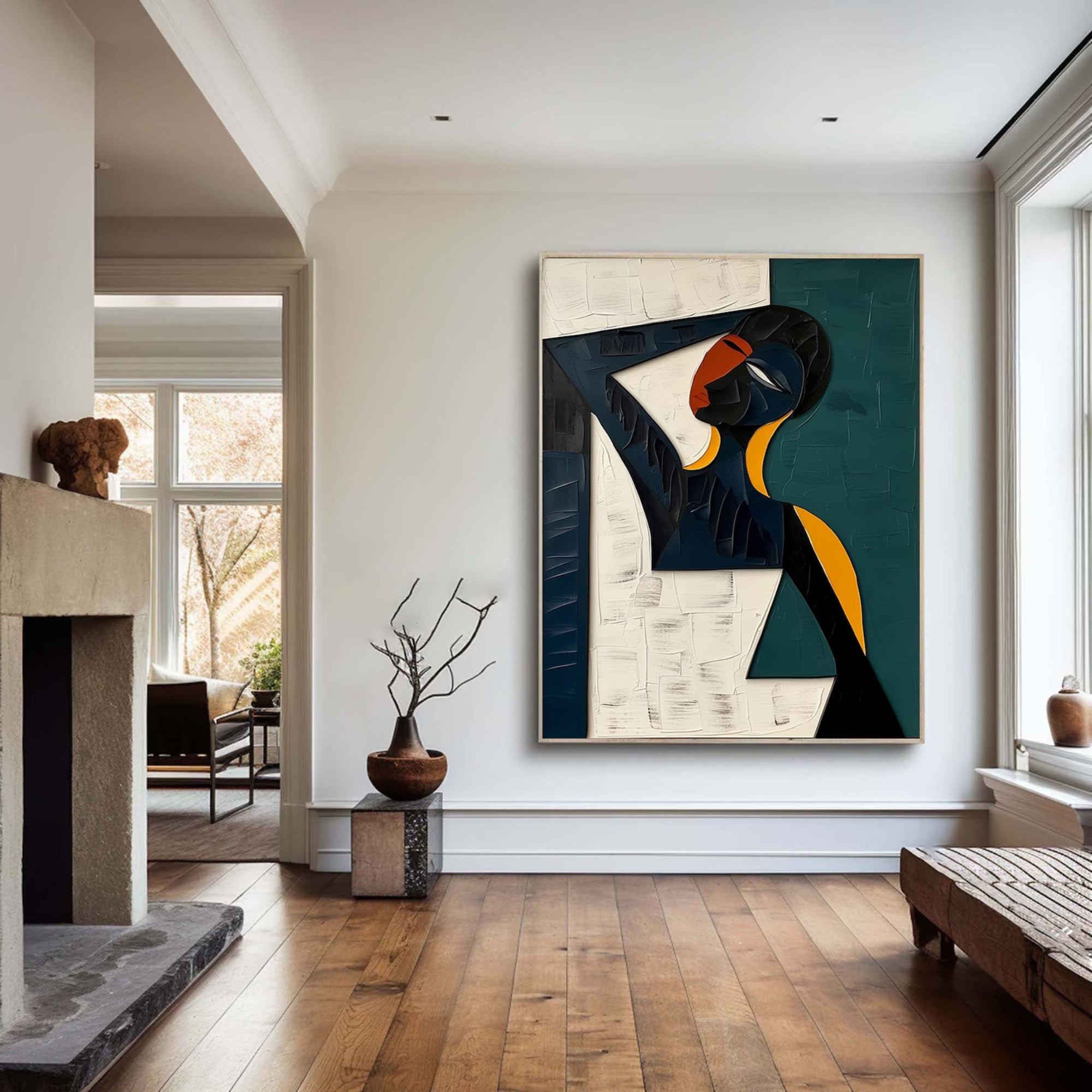 Statement handmade painting with cubist inspiration and earthy jewel tones, adding visual interest and depth to a modern home interior.
