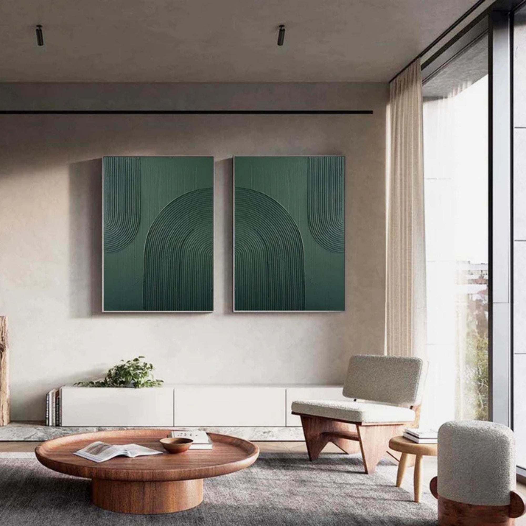 Plaster Art Texture Painting -  Emerald Arcs - Set of 2