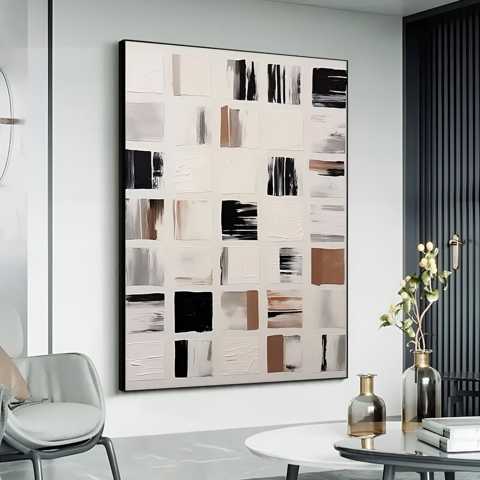 Neutral-toned abstract painting with layered, textured squares and rectangles in black, cream, and warm brown tones—ideal for living rooms, hallways, or home offices with a modern aesthetic.