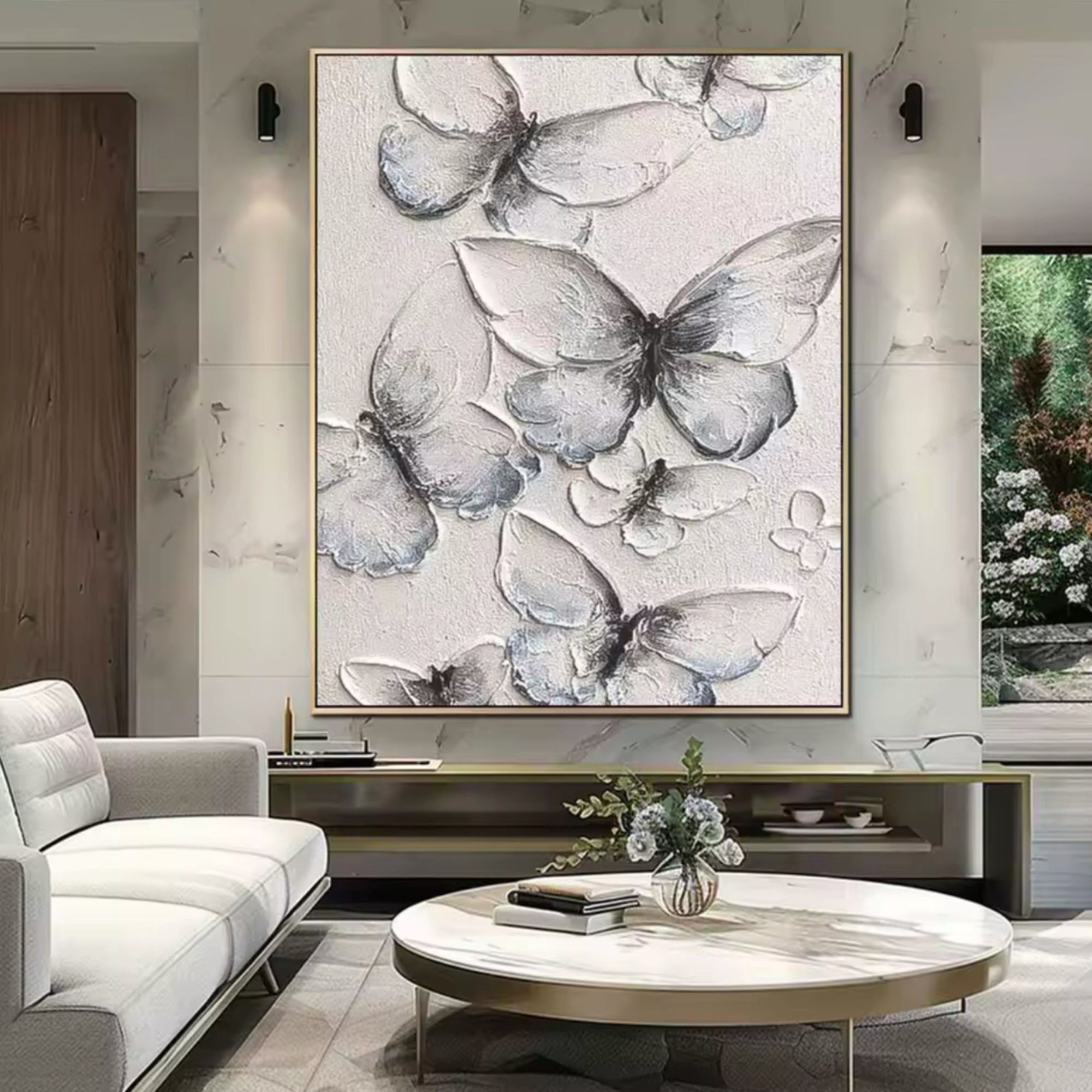 Elegant wall art with soft butterfly motif enhances farmhouse interiors or serene reading nooks.