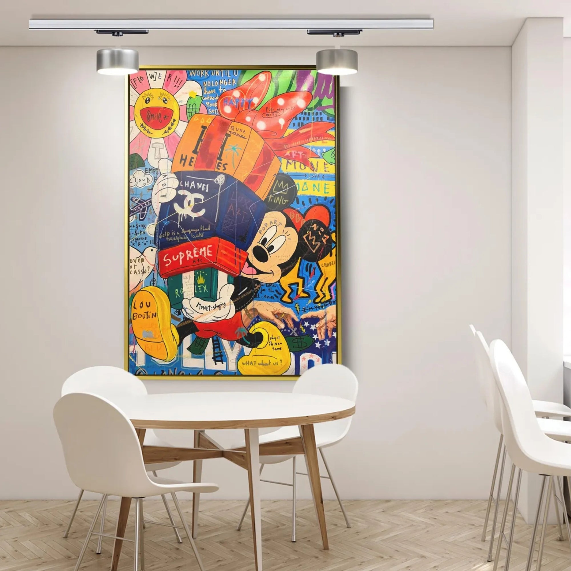 Hand-painted pop art with Mickey Mouse and designer logos, perfect for eclectic living rooms or trendy loft spaces