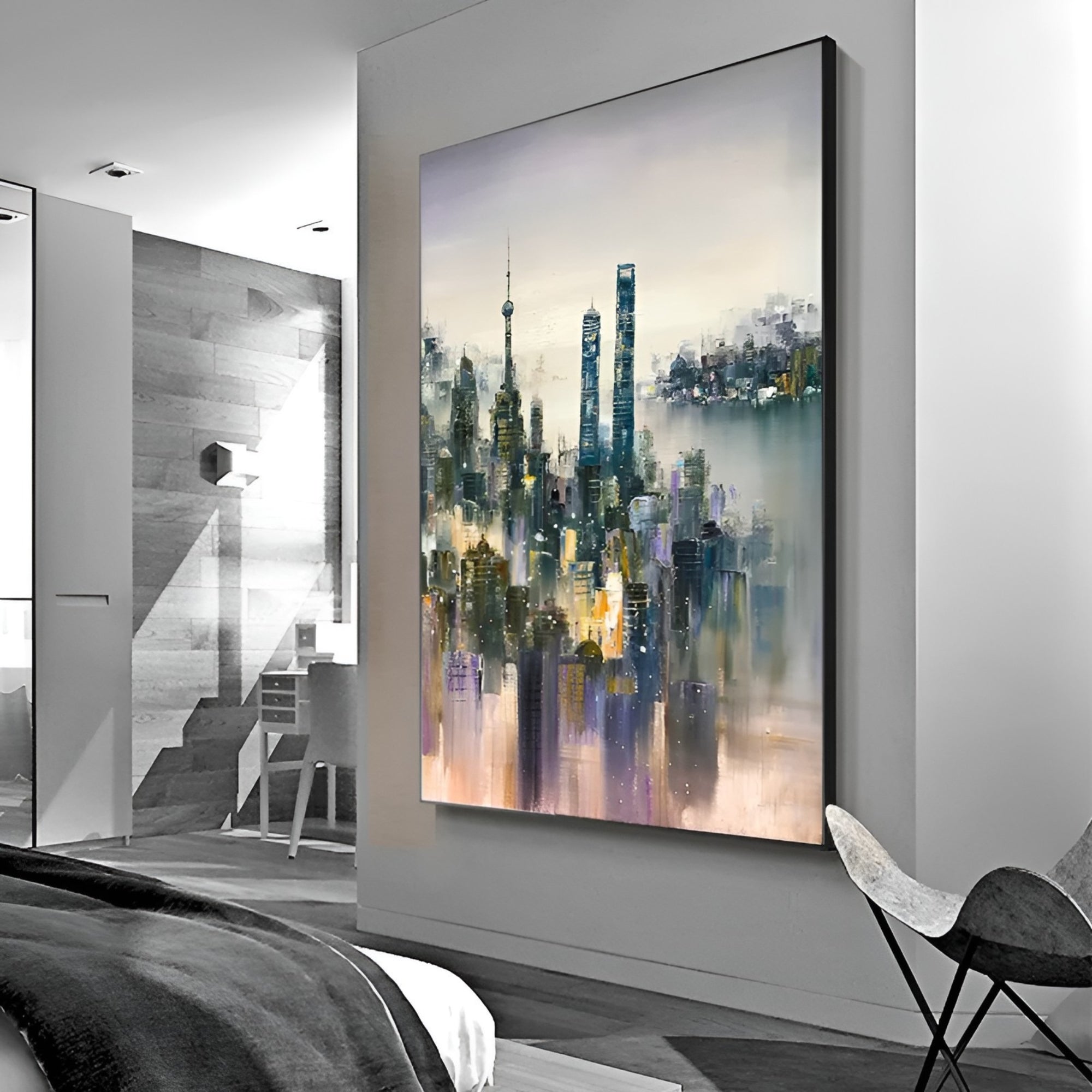 Vertical cityscape oil painting, handmade with textured brushstrokes, showcasing a skyline in calming tones.
