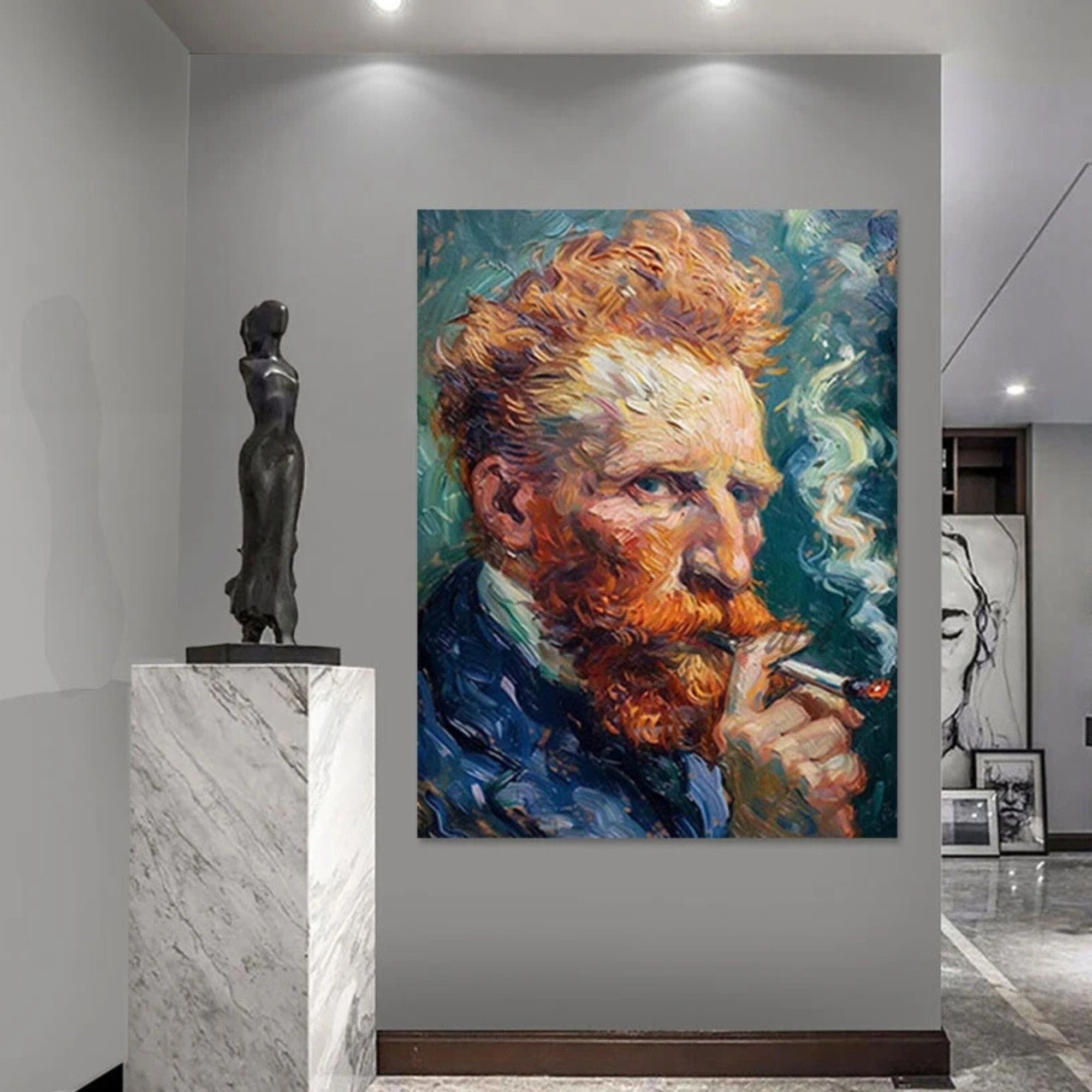 Handmade oil painting of Van Gogh smoking a pipe, perfect for cozy home libraries, creative studios, or vintage-style cafés.