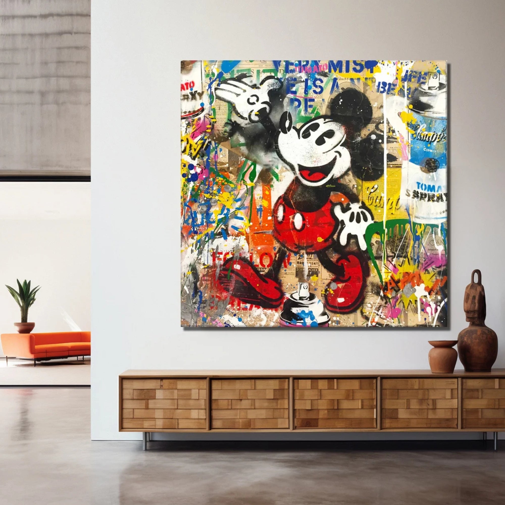 Unique Graffiti Mickey Mouse Canvas – A striking blend of street art and nostalgia, featuring vibrant spray paint textures and iconic cartoon charm.