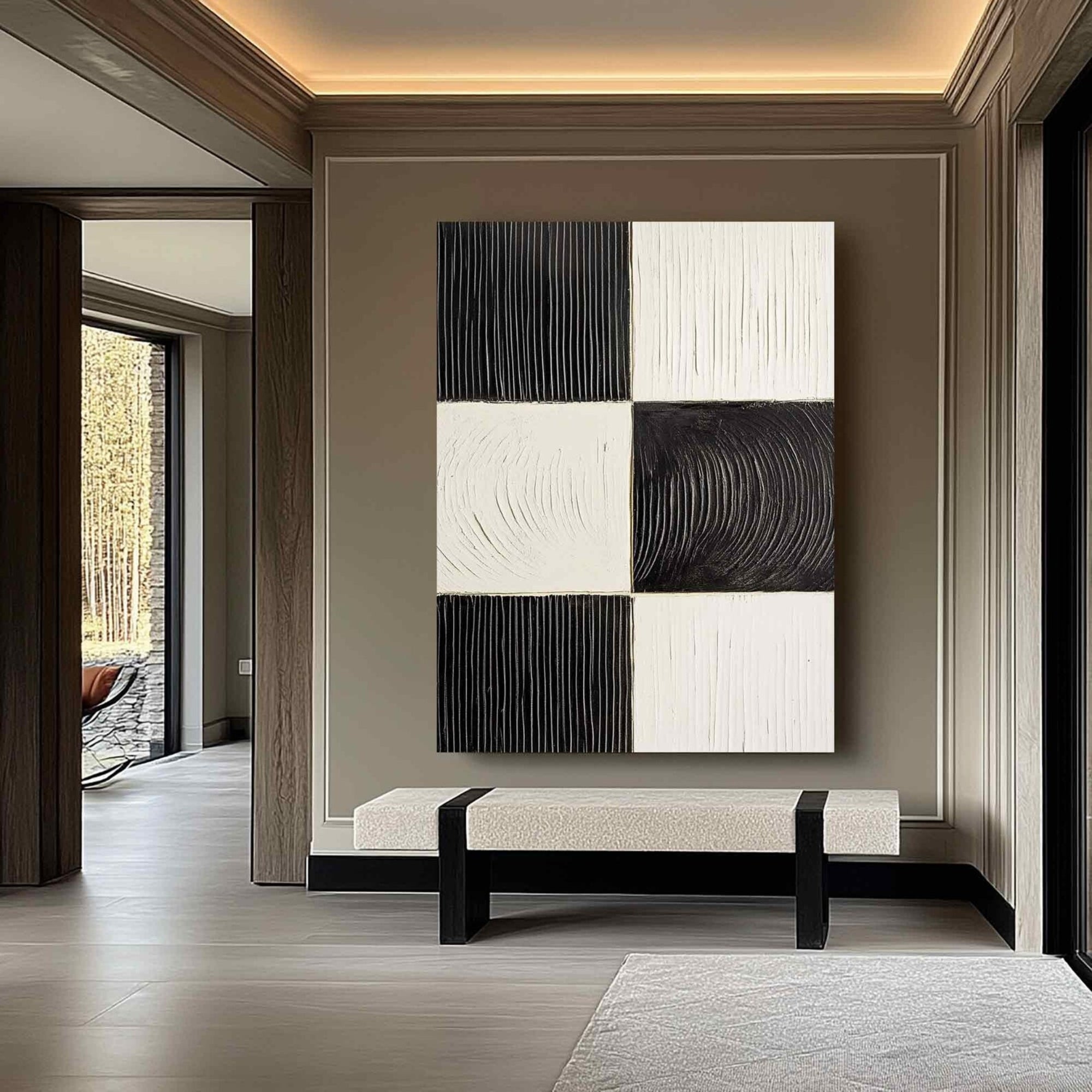 Minimalist black and white abstract painting with textured blocks – A modern geometric composition with vertical grooves and curved patterns, ideal for Scandinavian or Japandi-style interiors.