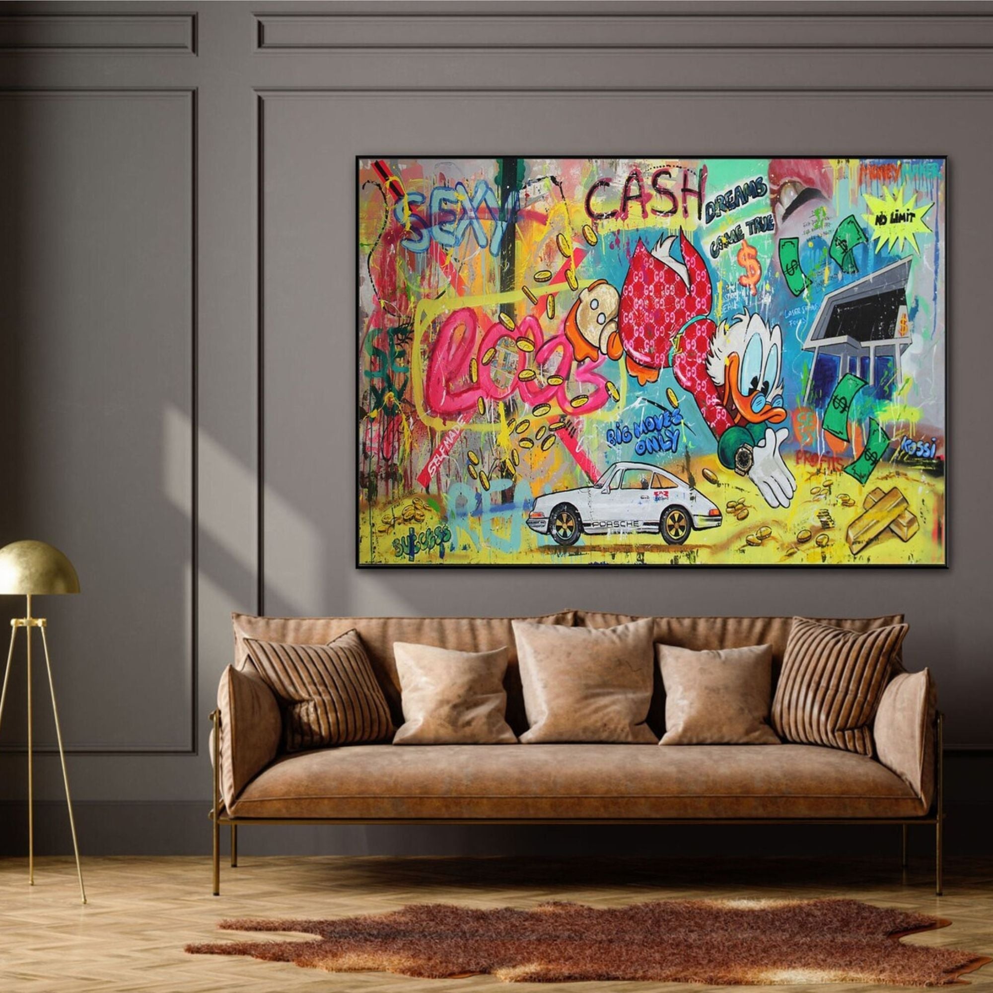 A bold and colorful graffiti-style cartoon artwork featuring a wealthy duck character, money symbols, and a luxury sports car. Perfect for modern interiors, street art enthusiasts, and collectors of high-end pop art.