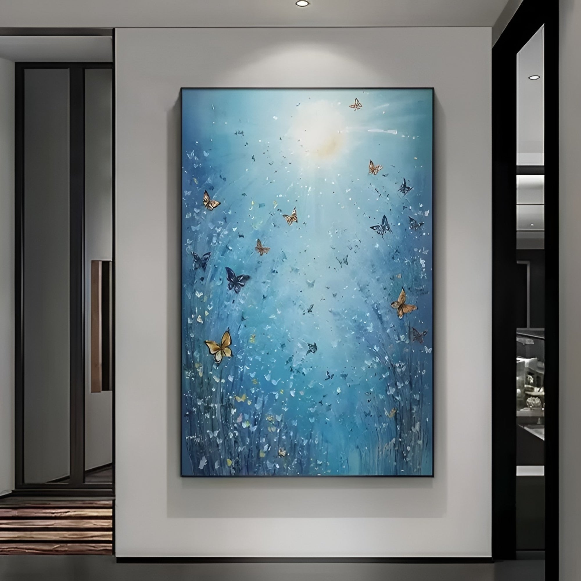 Handmade butterfly oil painting in blue tones, modern wall art perfect for serene living room or bedroom interiors.