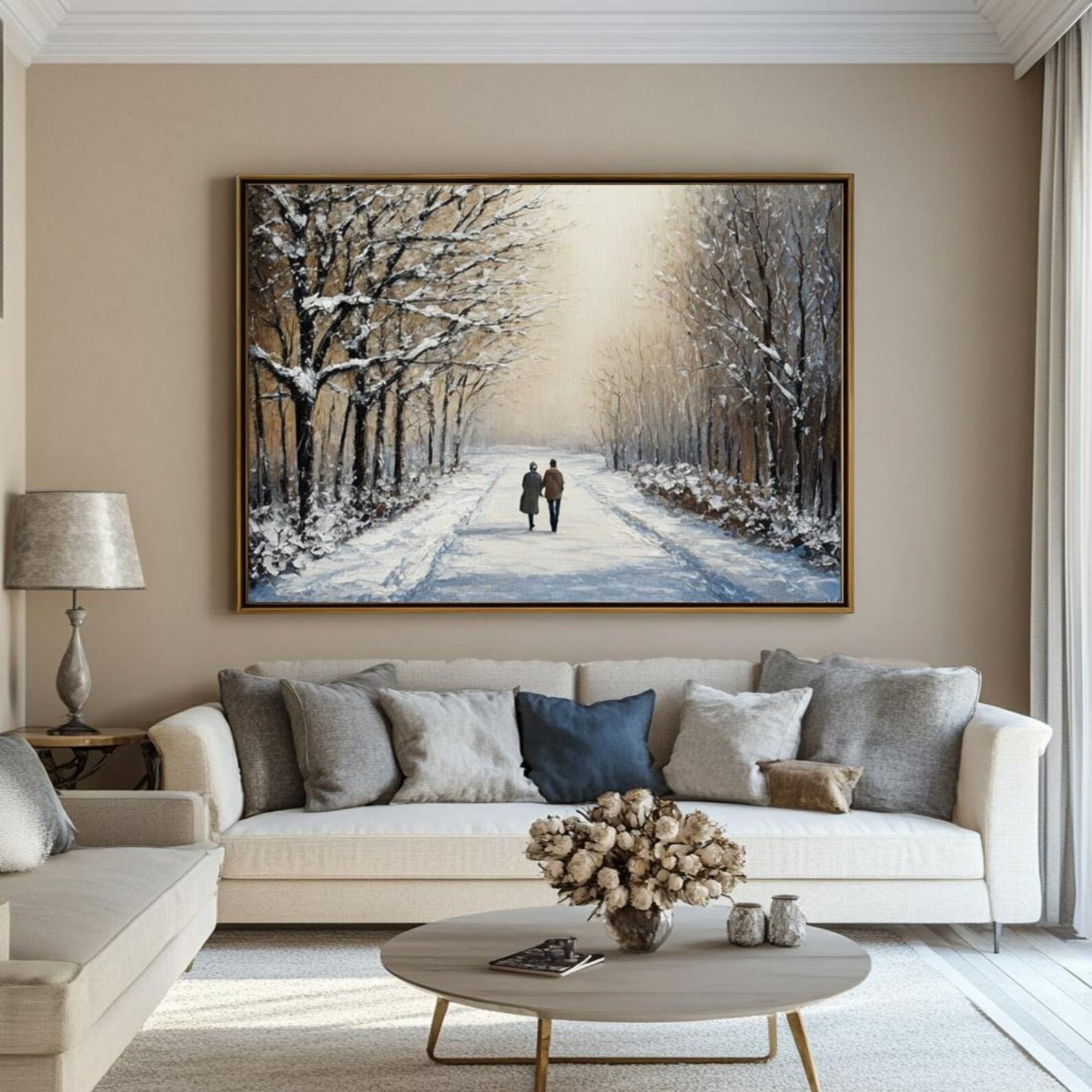 Romantic snowy path oil painting, ideal for Scandinavian interiors or soft-toned home office walls