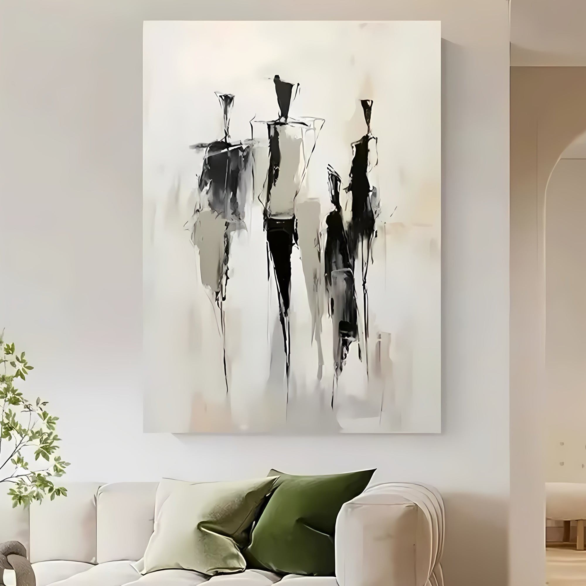 Minimalist handmade oil painting with bold black strokes, great for stylish office interiors.