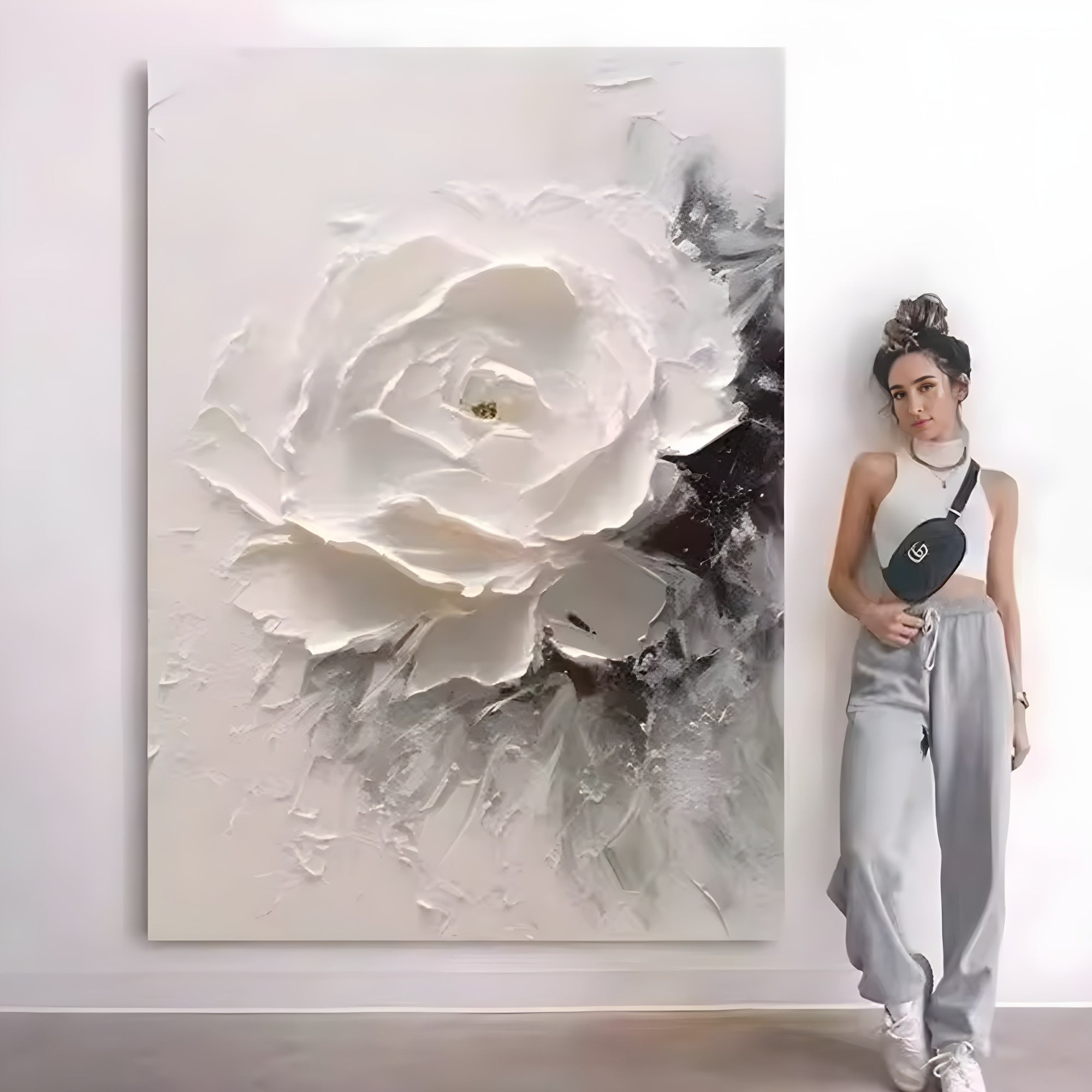 Detailed handmade oil painting showcasing a delicate white rose, fitting for modern homes, boutique hotels, or studios.