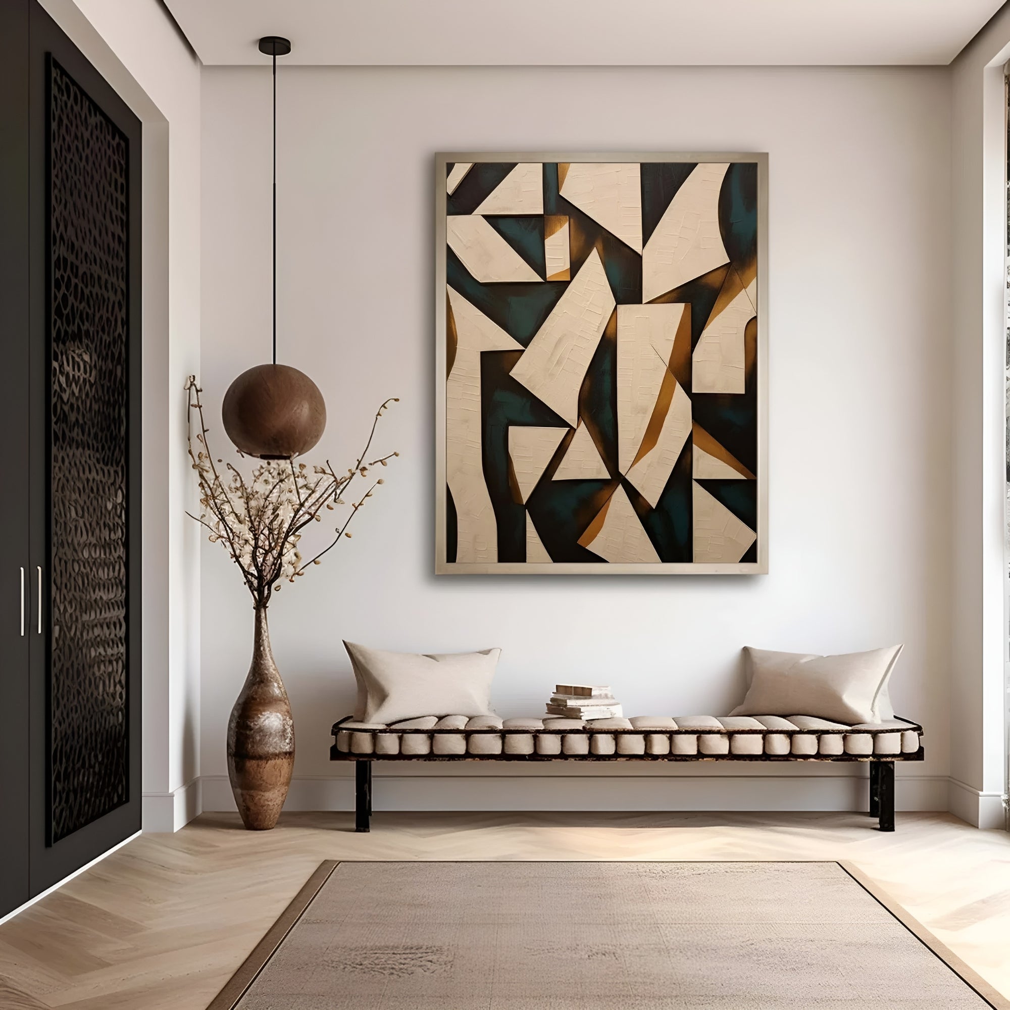 Handmade abstract geometric oil painting with bold beige, black, and gold shapes, perfect for modern interior wall decor