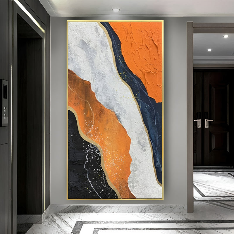 Modern abstract wall art with handmade orange and black patterns, enhancing minimalist or industrial interiors.