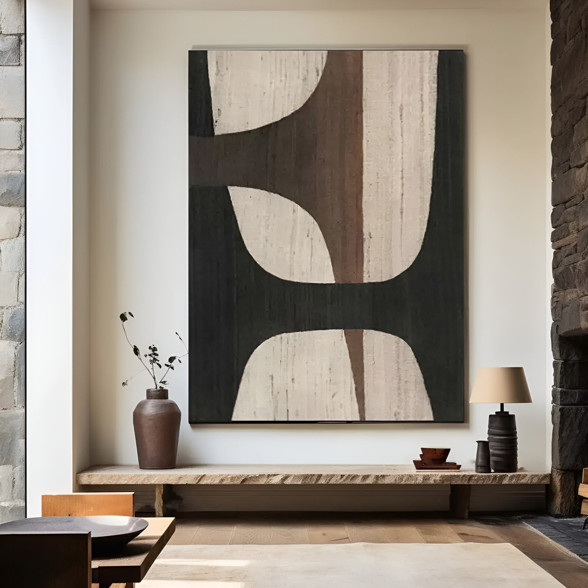 Modern wabi-sabi style painting with a rich textured finish. Earthy neutral palette perfect for elegant, contemporary home design.