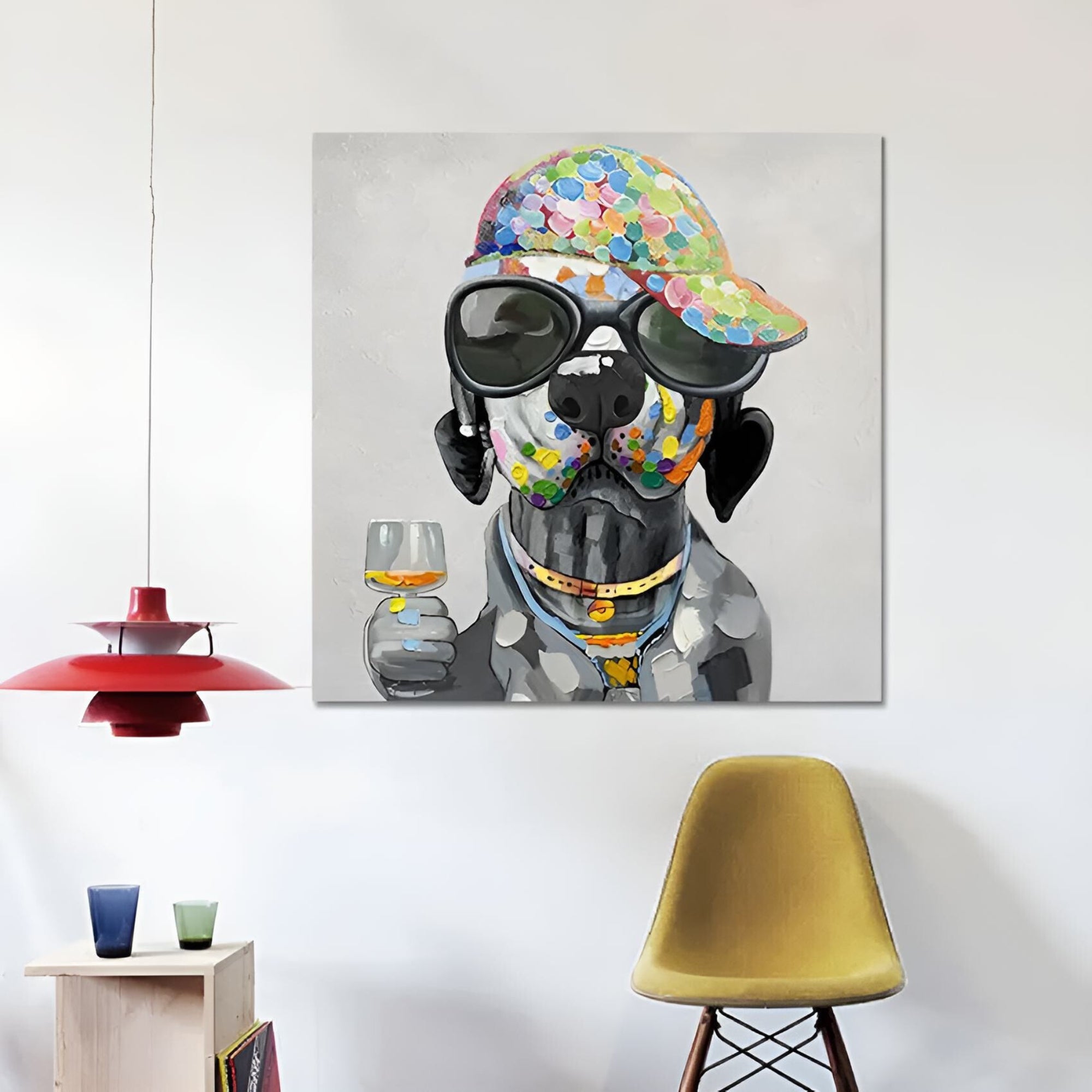 Vibrant handmade oil painting of a dog with a drink, perfect for casual lounges, art cafés, or creative office spaces.
