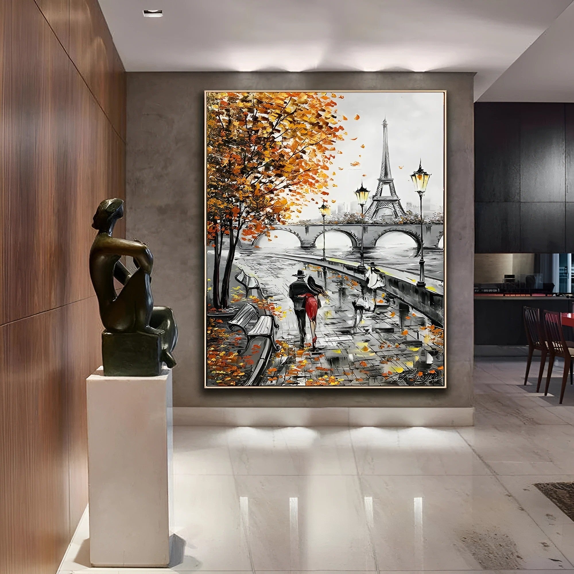 Romantic Paris street scene painting with Eiffel Tower view – A couple walks arm-in-arm down a rain-kissed path with golden autumn leaves, while the Eiffel Tower rises in the distance. Perfect for cozy living rooms or reading nooks.