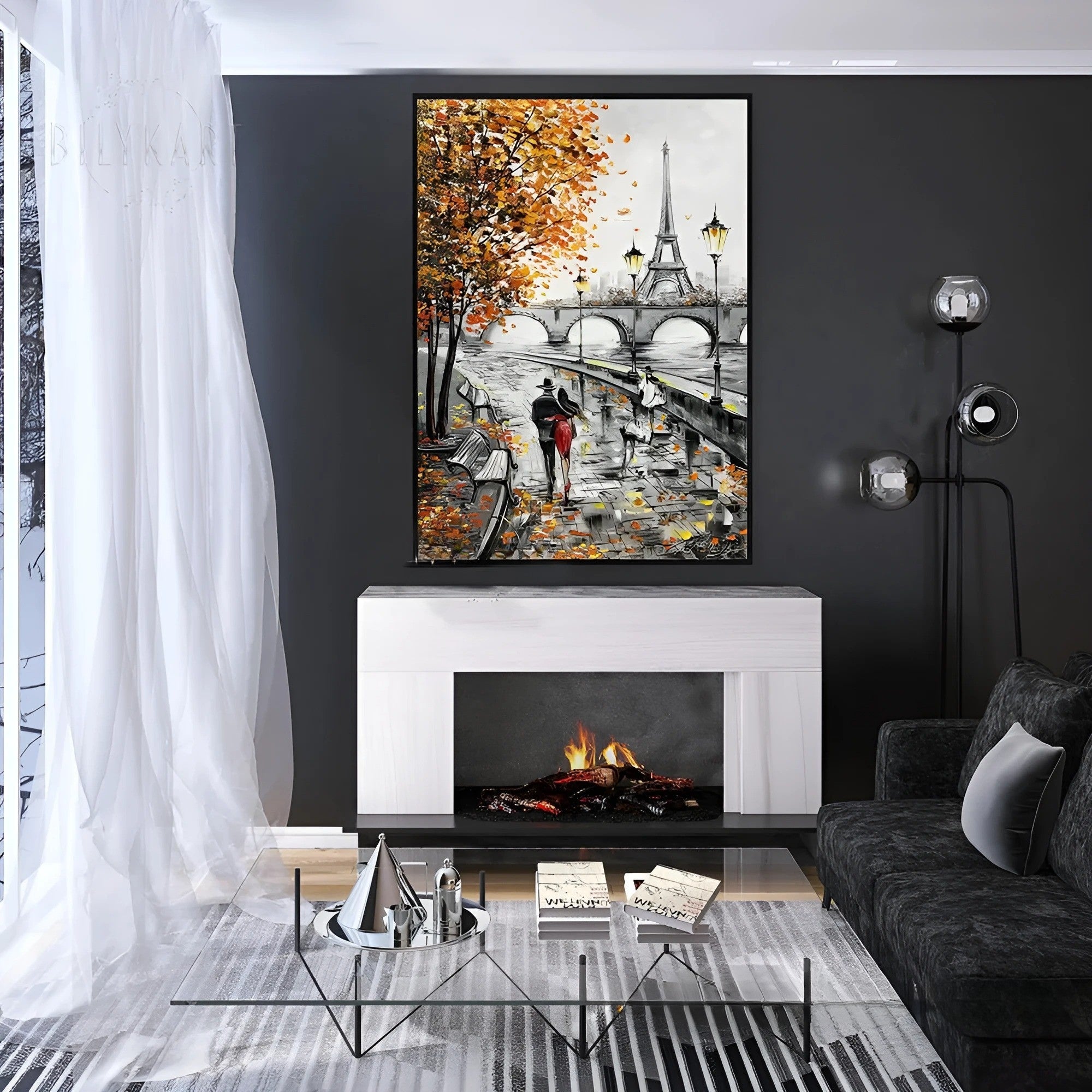 Autumn in Paris painting with classic lampposts and bridge – A textured, atmospheric piece bringing nostalgic elegance to any space, especially stylish living areas or boutique cafes.