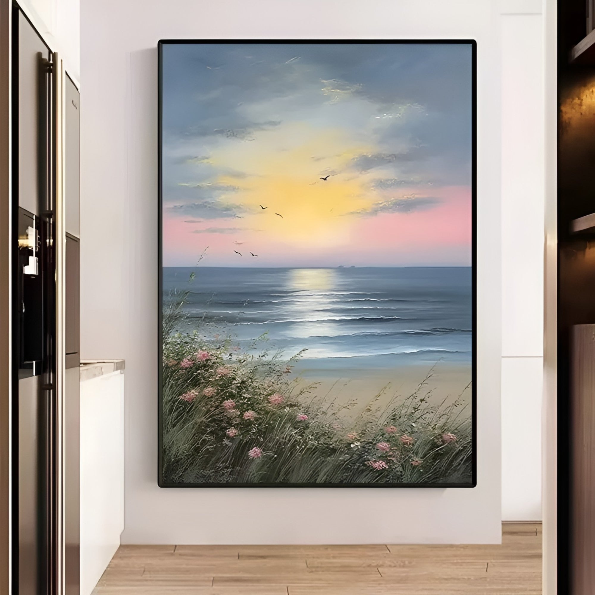 Handmade sunset beach painting on canvas, perfect for coastal or boho-style interiors.