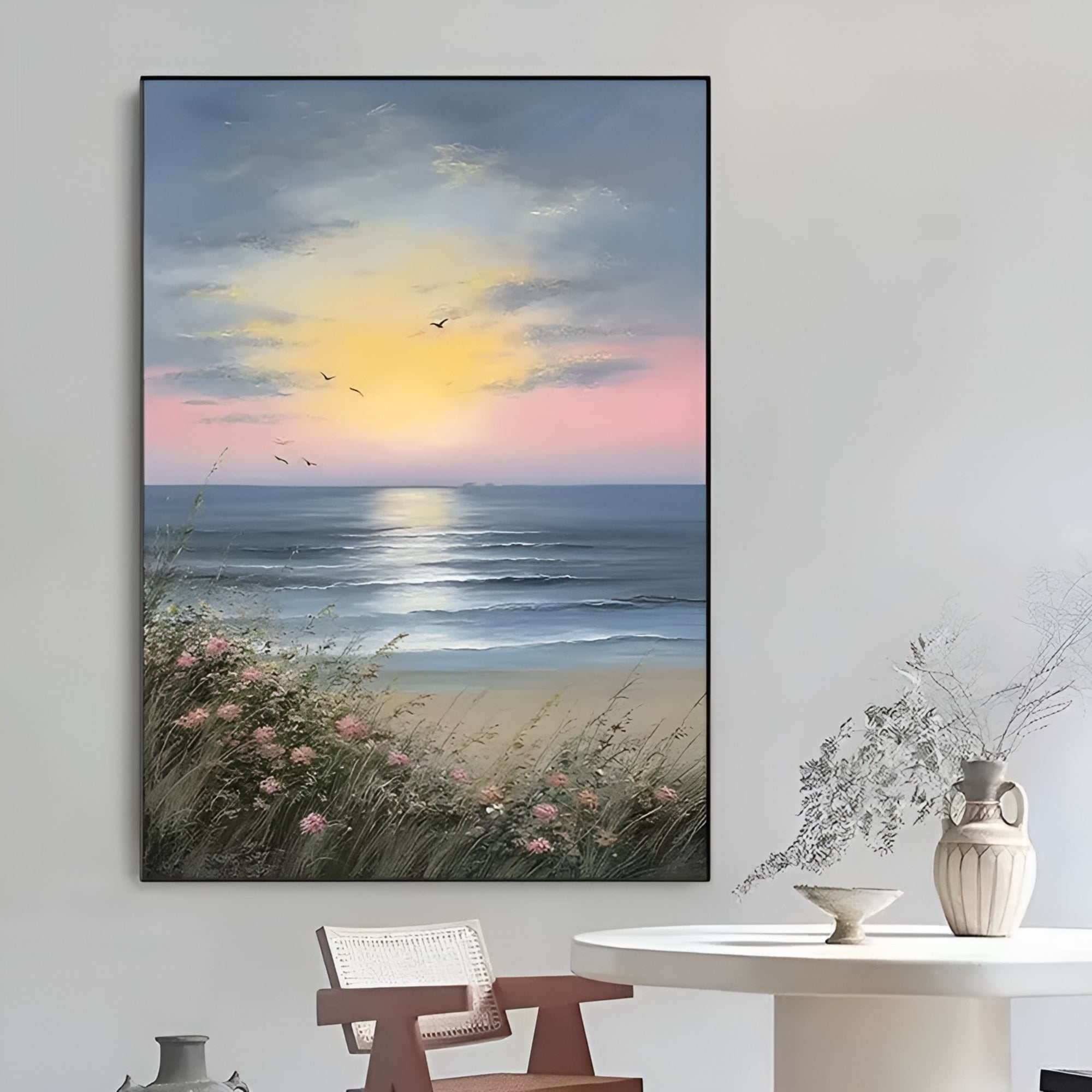 Serene handmade seascape oil painting, ideal for living room, bedroom, or beach house decor.