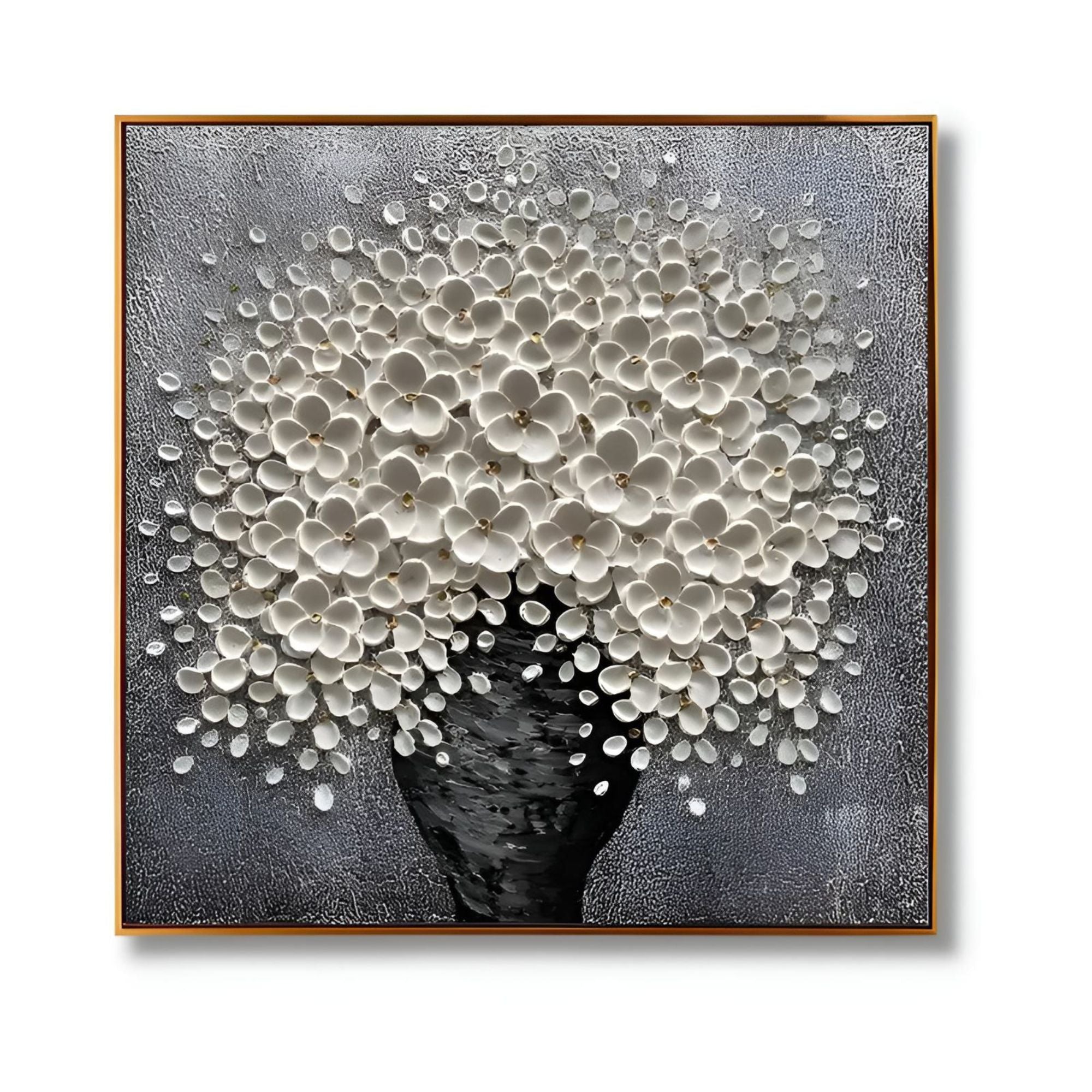 Close-up of handmade oil flower bouquet painting, highlighting rich texture and soft neutral palette.